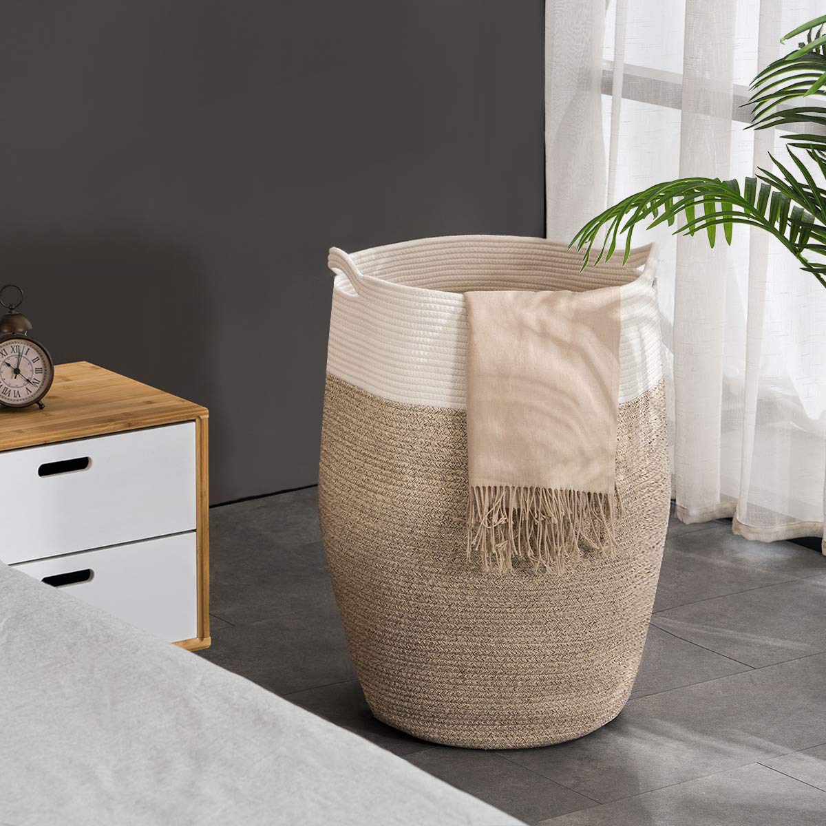 cotton Rope Laundry Hamper by YOUDENOVA  105L - Woven collapsible Basket clothes Storage for Blankets  Room Organizing  Bedroom Storage  - Brown & White