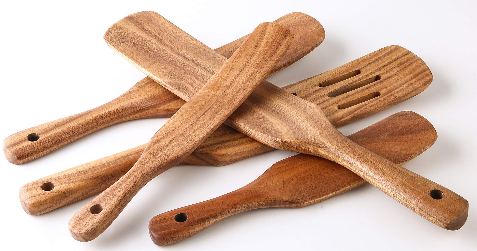 5 Pcs Wooden Spurtles Set For Cooking, Nayahose Natural Teak Wood Slotted Spurtles For Stirring, Mixing, Serving, Non-Stick Heat