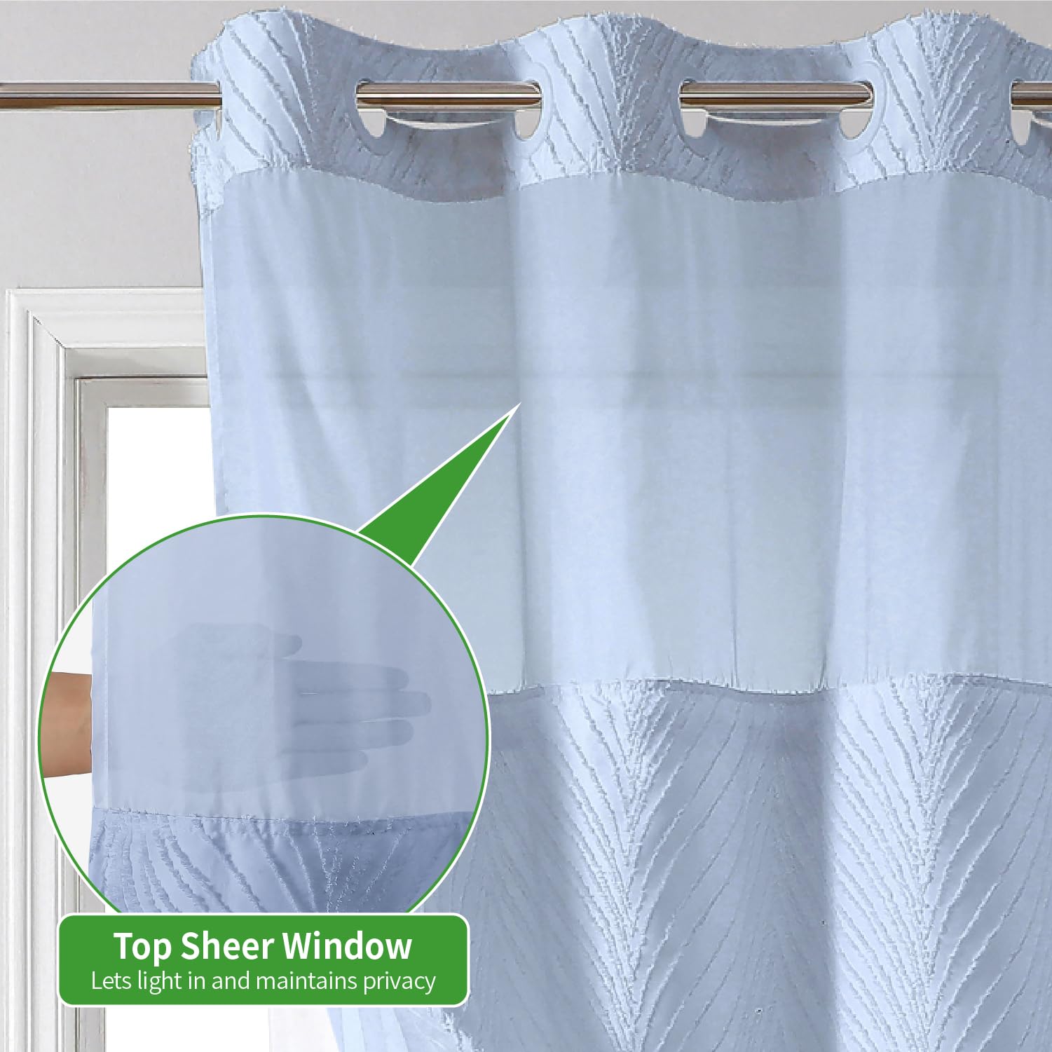 Eachope No Hook Shower Curtain And Liner Set,Boho Style With See Through Top Window, Blue Fabric Tufted Striped Textured Outer C