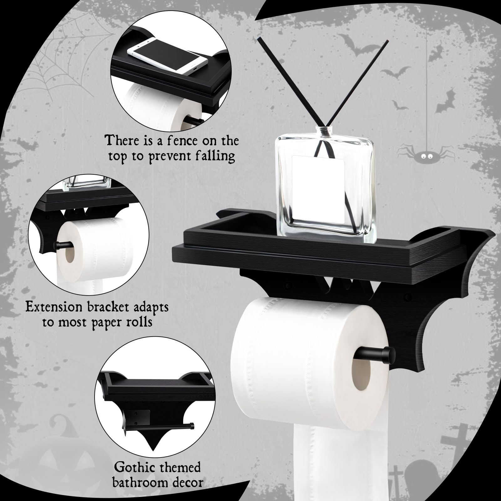 Chunful Bat Toilet Paper Holder With Shelf Gothic Wooden Black Paper Roll Holder Wall Mount Gothic Halloween Decor For Bathroom