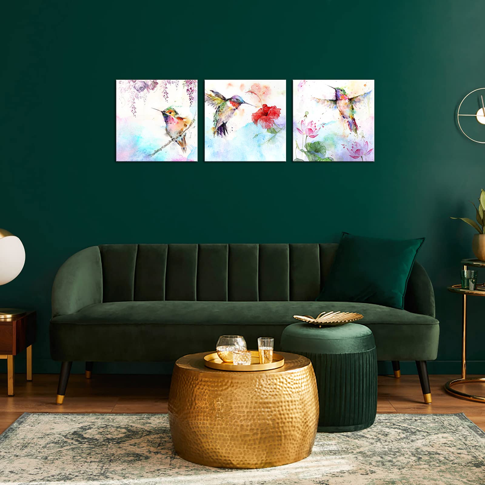 Canvbay 3Pcs Bird Canvas Wall Art Animal Picture Artwork Hummingbirds And Red Purple Flower Canvas Print Abstract Painting Vinta