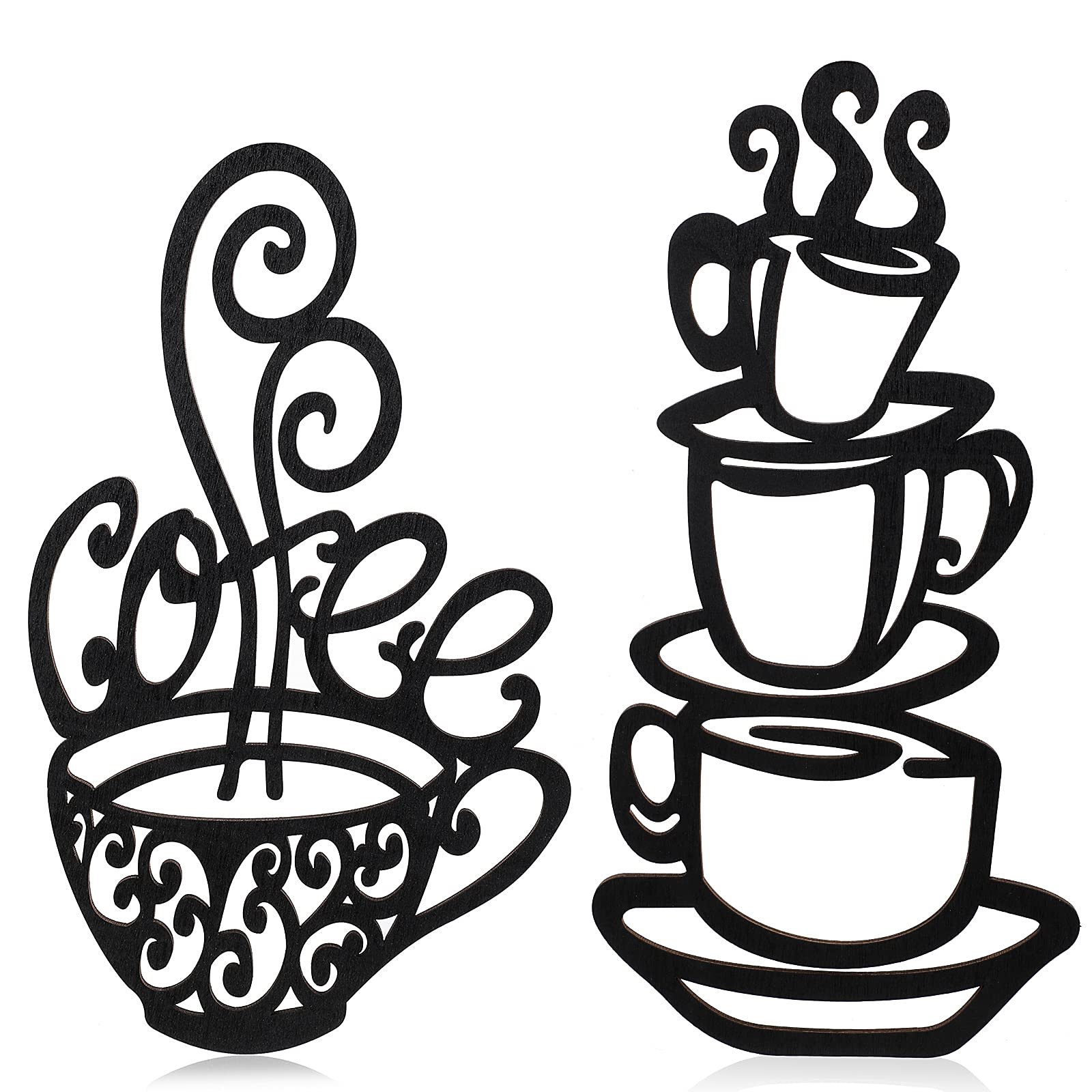 Jetec 2 Pieces Coffee Cup Wall Decor Black Coffee Cup Silhouette Wood Wall Art Cafe Themed Wall Art Cup Mug Scrolled Silhouette 