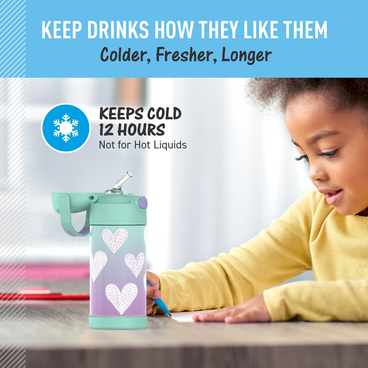 Thermos Funtainer Water Bottle With Straw - 12 Ounce, Purple Hearts - Kids Stainless Steel Vacuum Insulated Water Bottle With Li