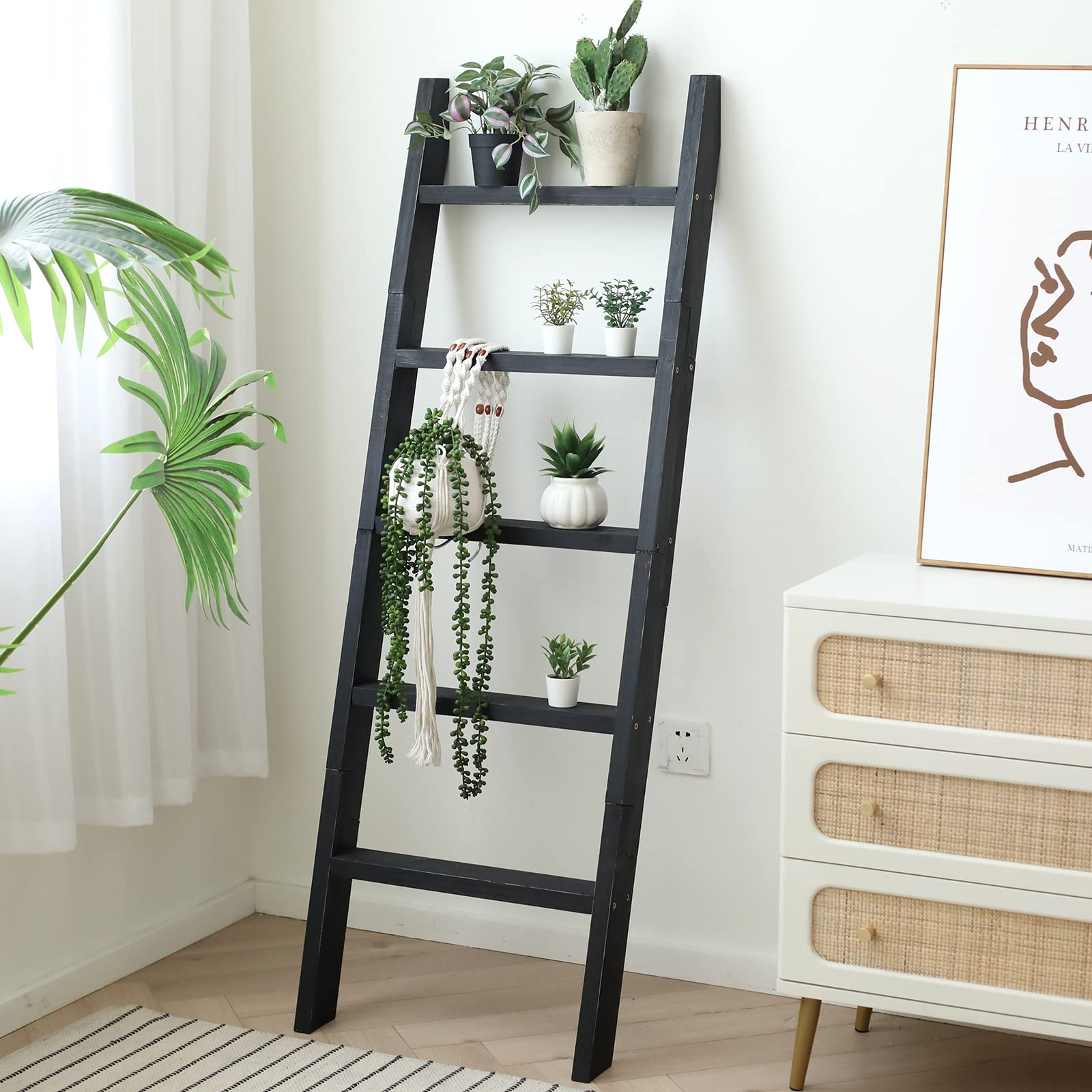 Fuin 5Ft (58'') Wood Blanket Ladder Living Room Decorative Wall Leaning Farmhouse Quilt Display Holder Shelf Rustic Wooden Towel
