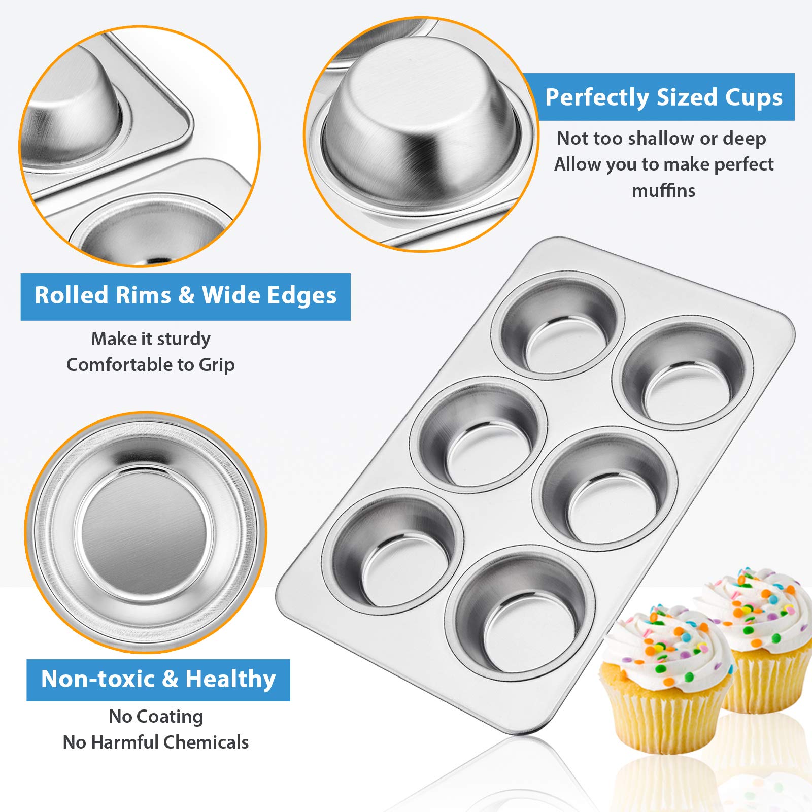 E-Far Muffin Pan Set Of 2, Stainless Steel Muffin Pan Tin For Baking, 6-Cup Metal Cupcake Pan Tray, Non-Toxic & Healthy, Oven &