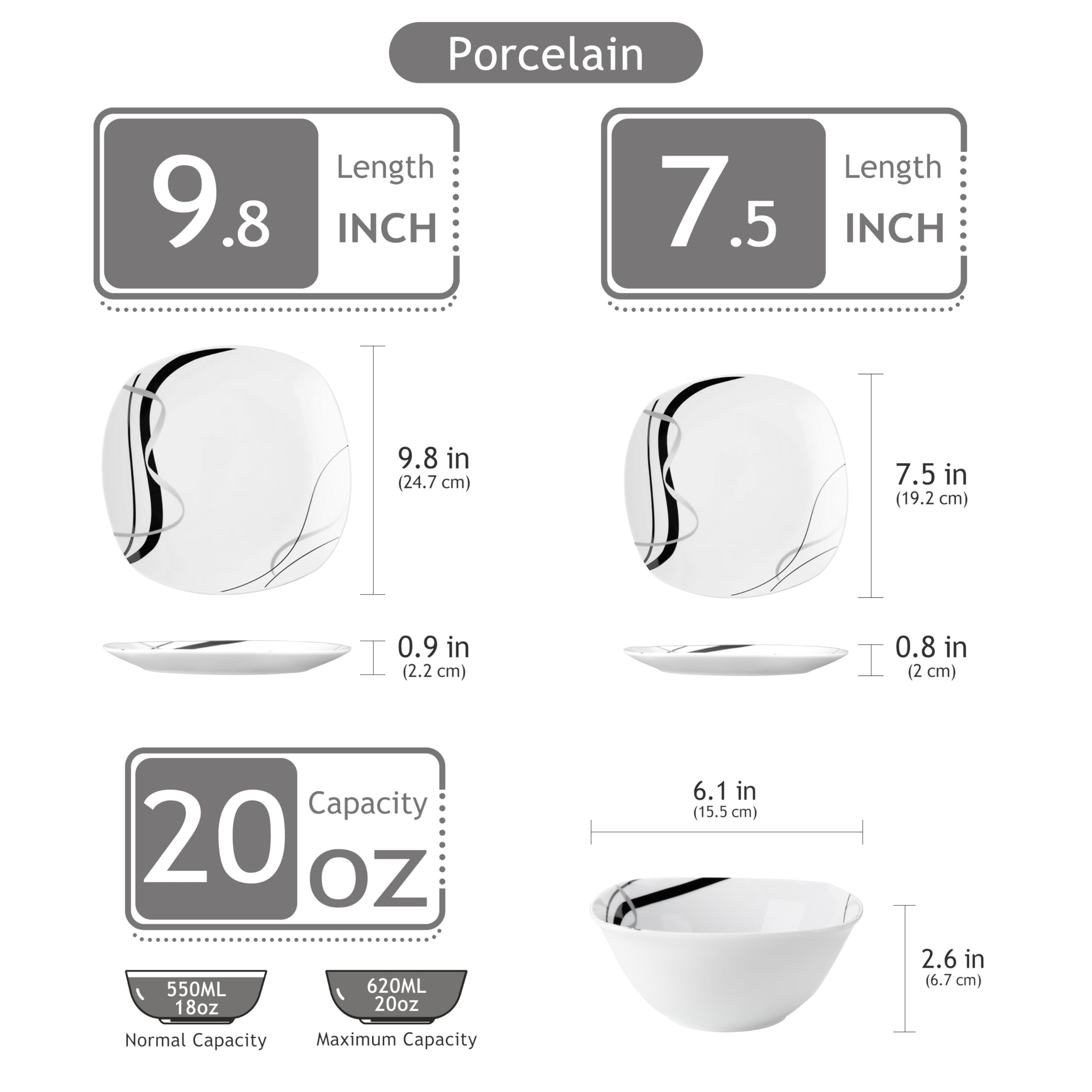 VEWEET Plates and Bowls Sets, Porcelain Dinnerware Sets for 4, 12 PCS Dish Set Including Dinner Plates, Dessert Plates and Cerea