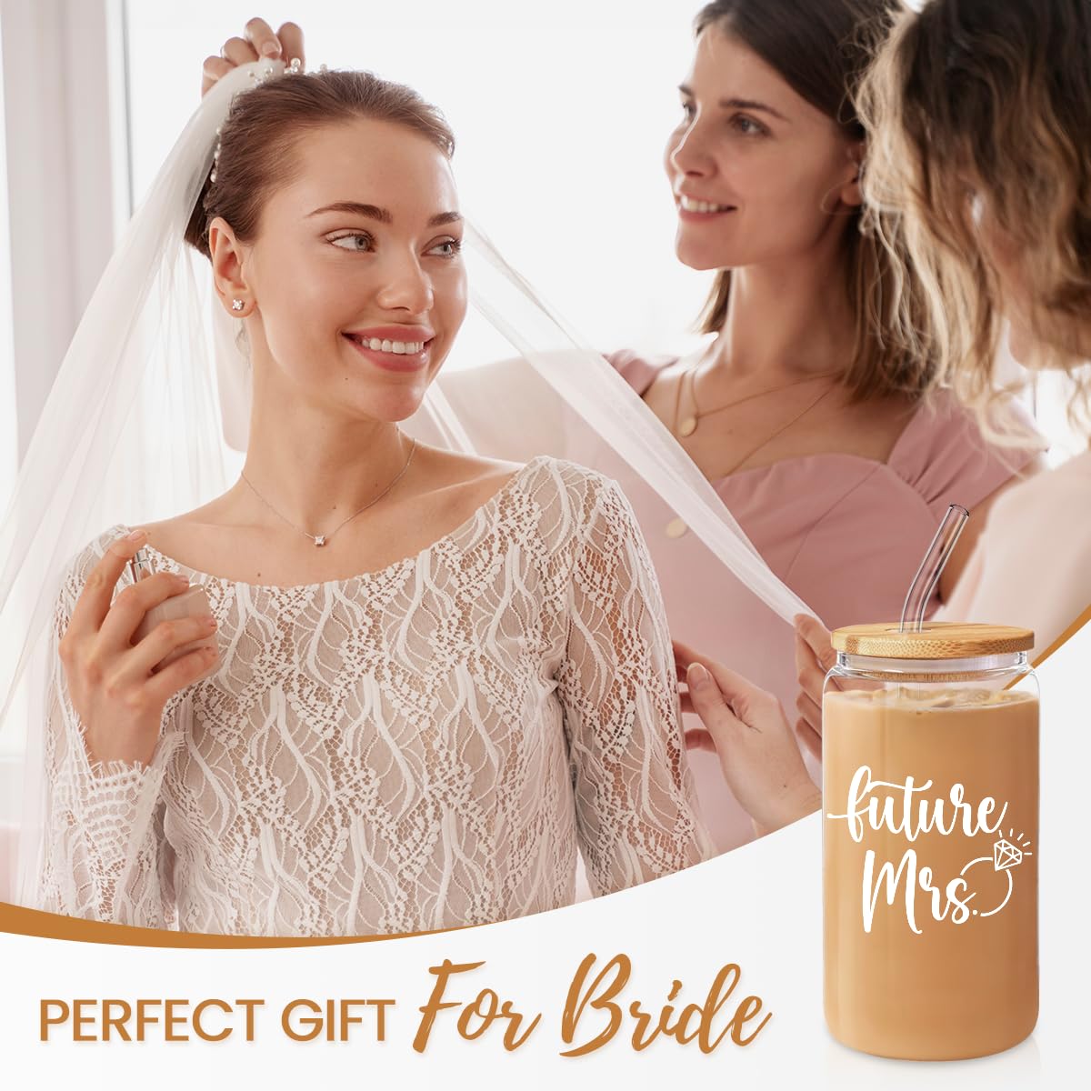 SANDJEST Future Mrs Glass Coffee Cup 16 Oz with Bamboo Lid and Straw - Bridal Shower Gift - Engagement & Bachelorette Gifts for