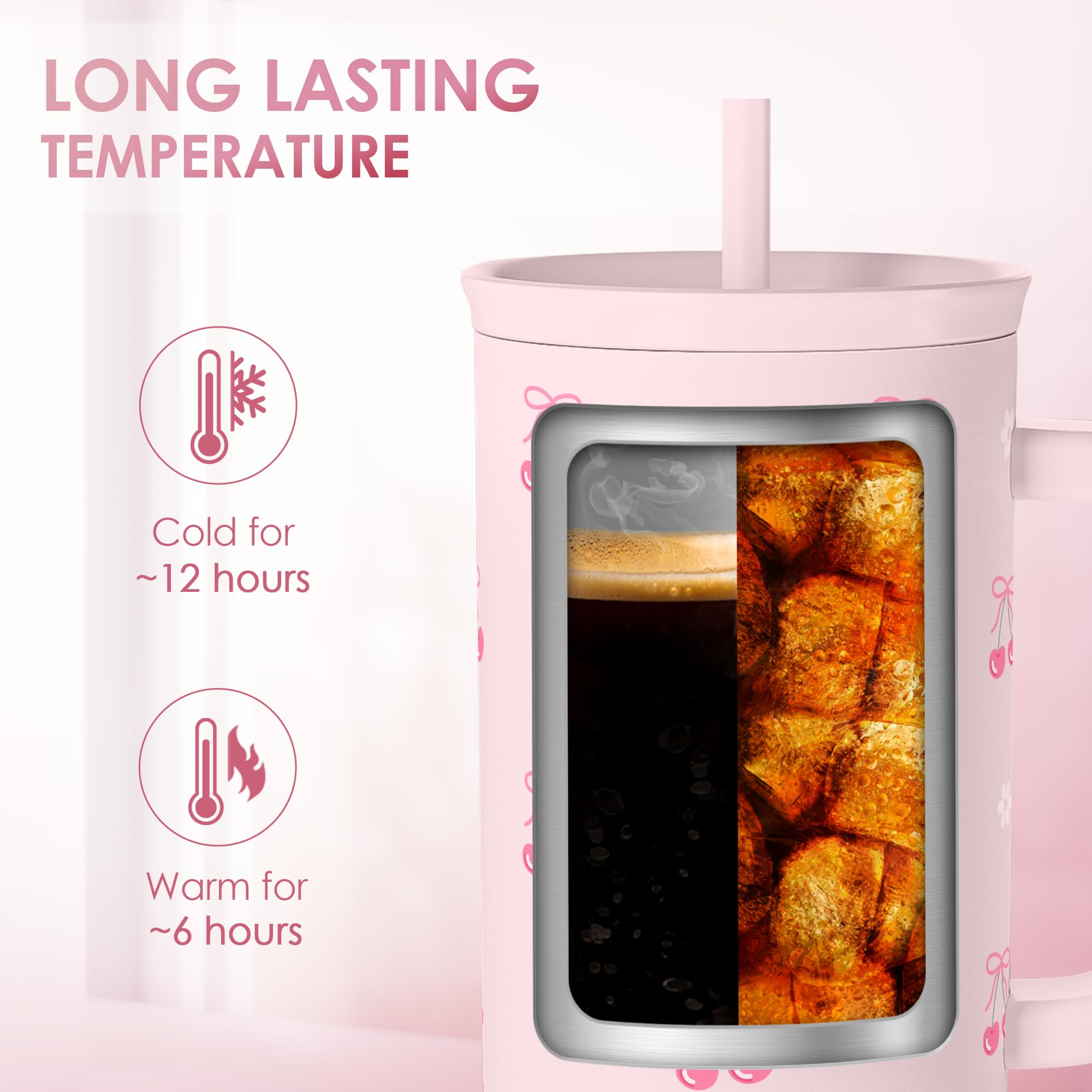 Cherry 40oz Slider Tumbler with Handle and Straw - Insulated Stainless Steel Travel Coffee Mug for Women Girls, Gift for Birthda