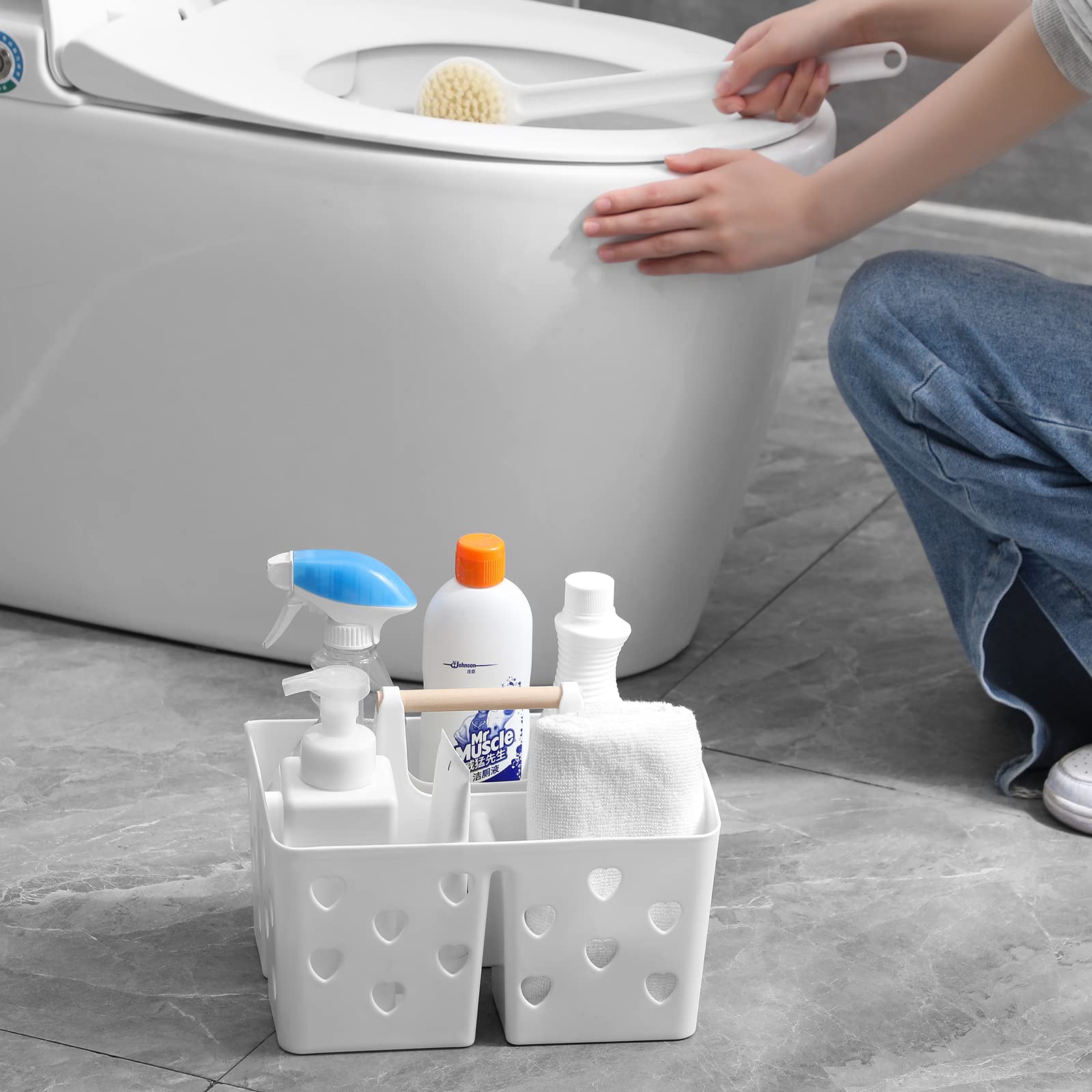 Anyoifax Portable Shower Caddy Plastic Basket With Wood Handle Divided Shower Tote Storage Organizer With Compartments For Bathr