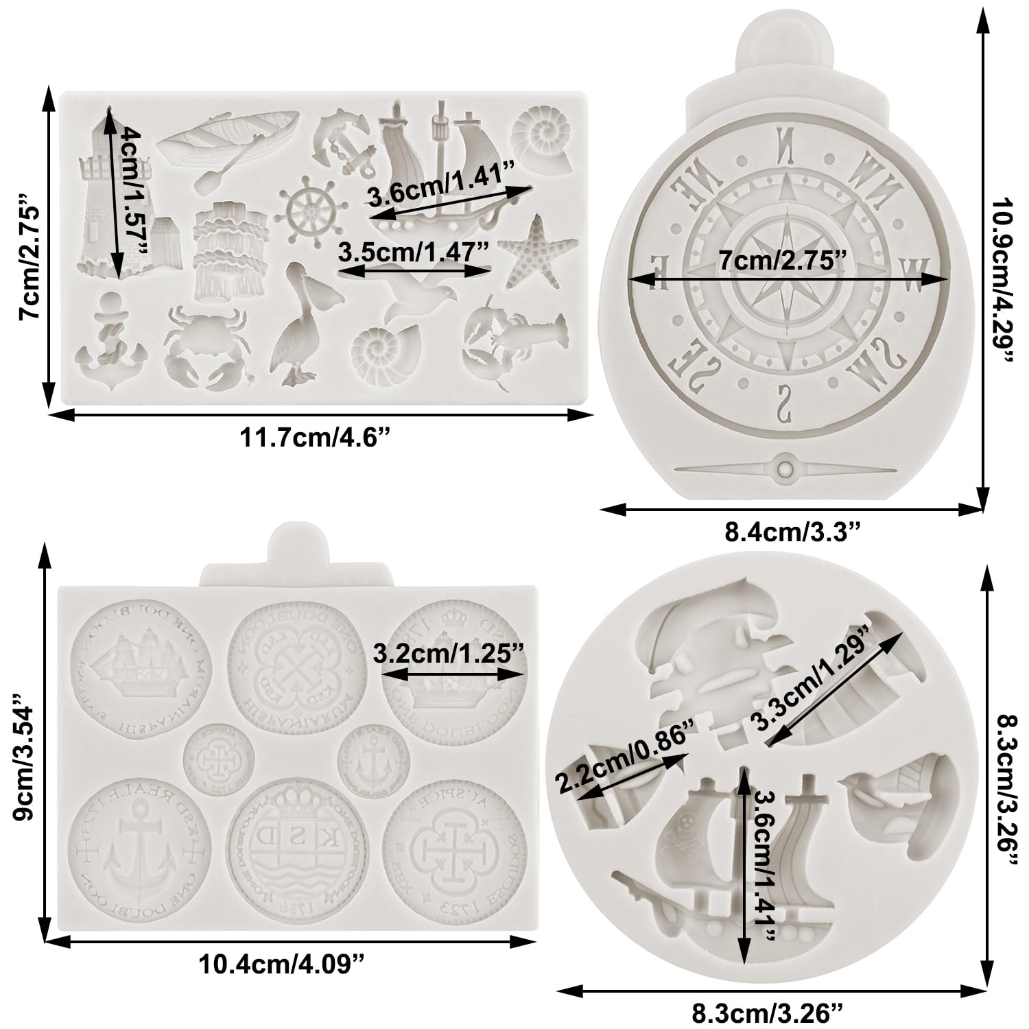 Minfeidms Sailing Ship Silicone Molds Compass Anchor Rudder Lifebuoy Lighthouse Fondant Molds Treasure Coins Chocolate Mold For
