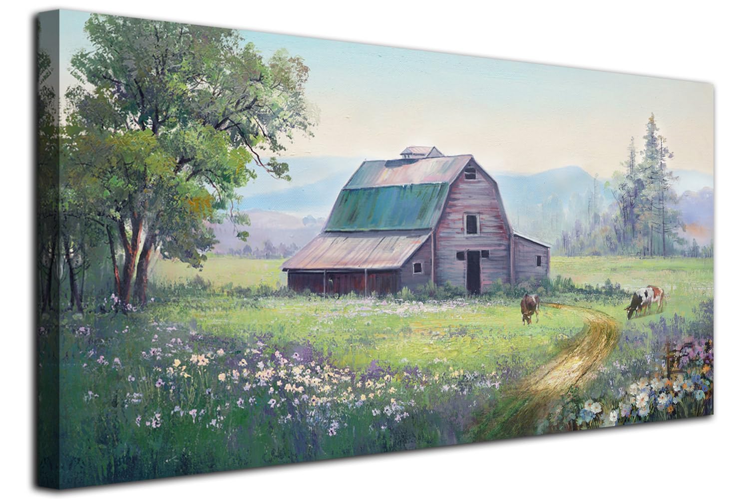 Acocifi Farmhouse Wall Art Barn Picture Cow Farm Landscape Painting Canvas, Nature Wildflower Rustic Scenery Print Artwork Frame
