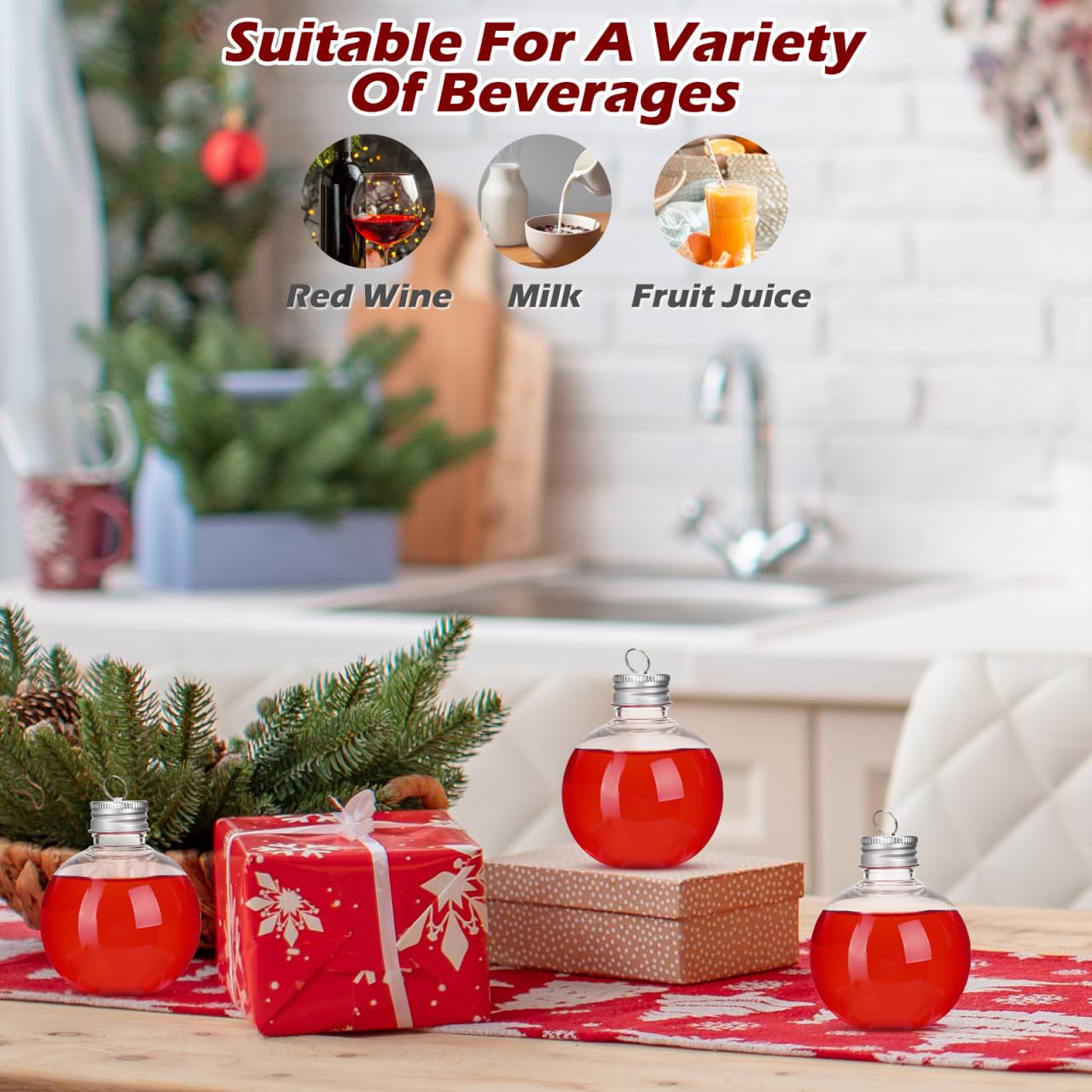 Milisten 10pcs Christmas Drink Balls Clear Juice Bottles Fillable Bulbs 150ml Xmas Candy Jars for Holiday Party Tree Ornaments S