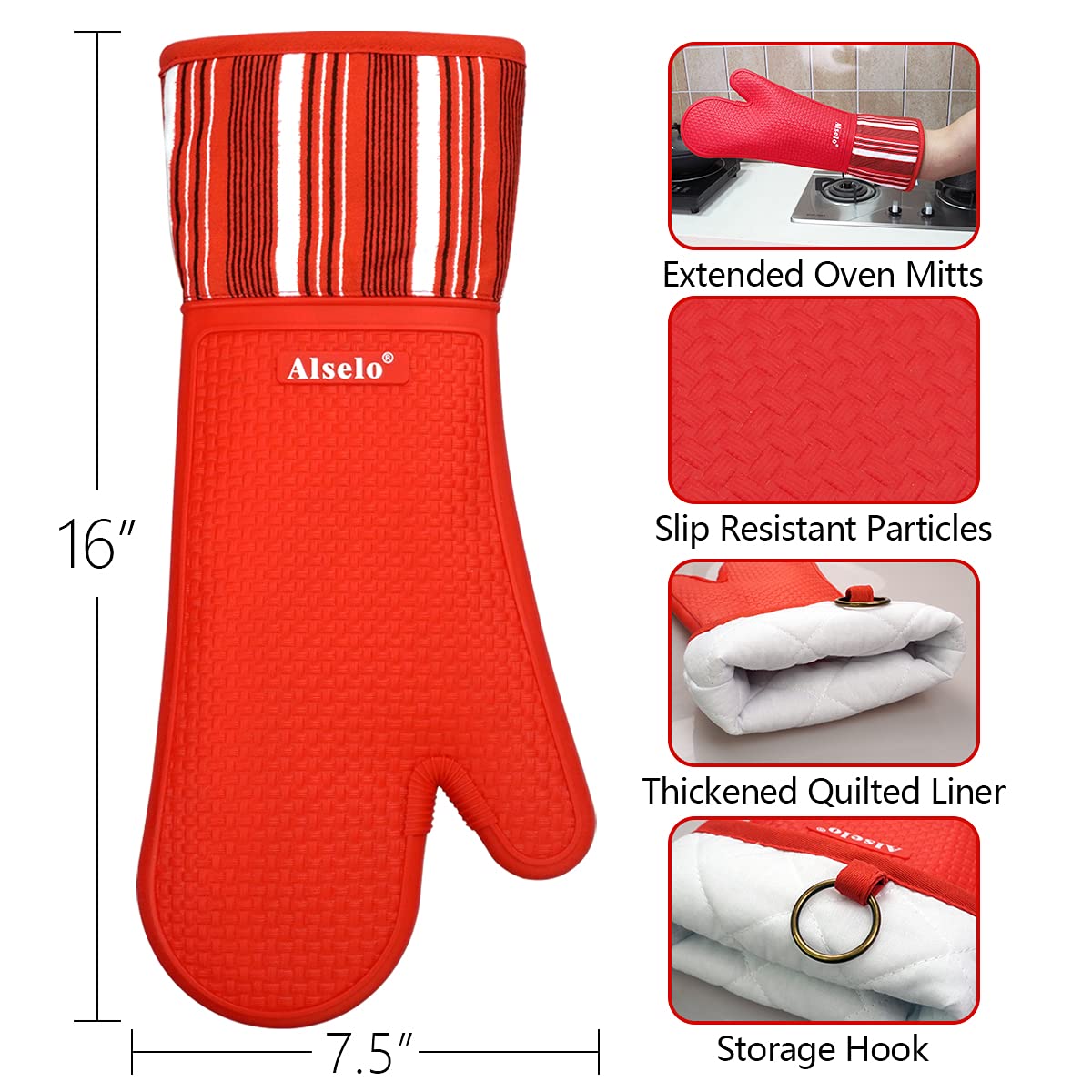 Alselo Silicone Oven Mitts Heat Resistant 550 Degree, Extra Long Kitchen Mittens With Non-Slip And Waterproof Pot Holders For Ba
