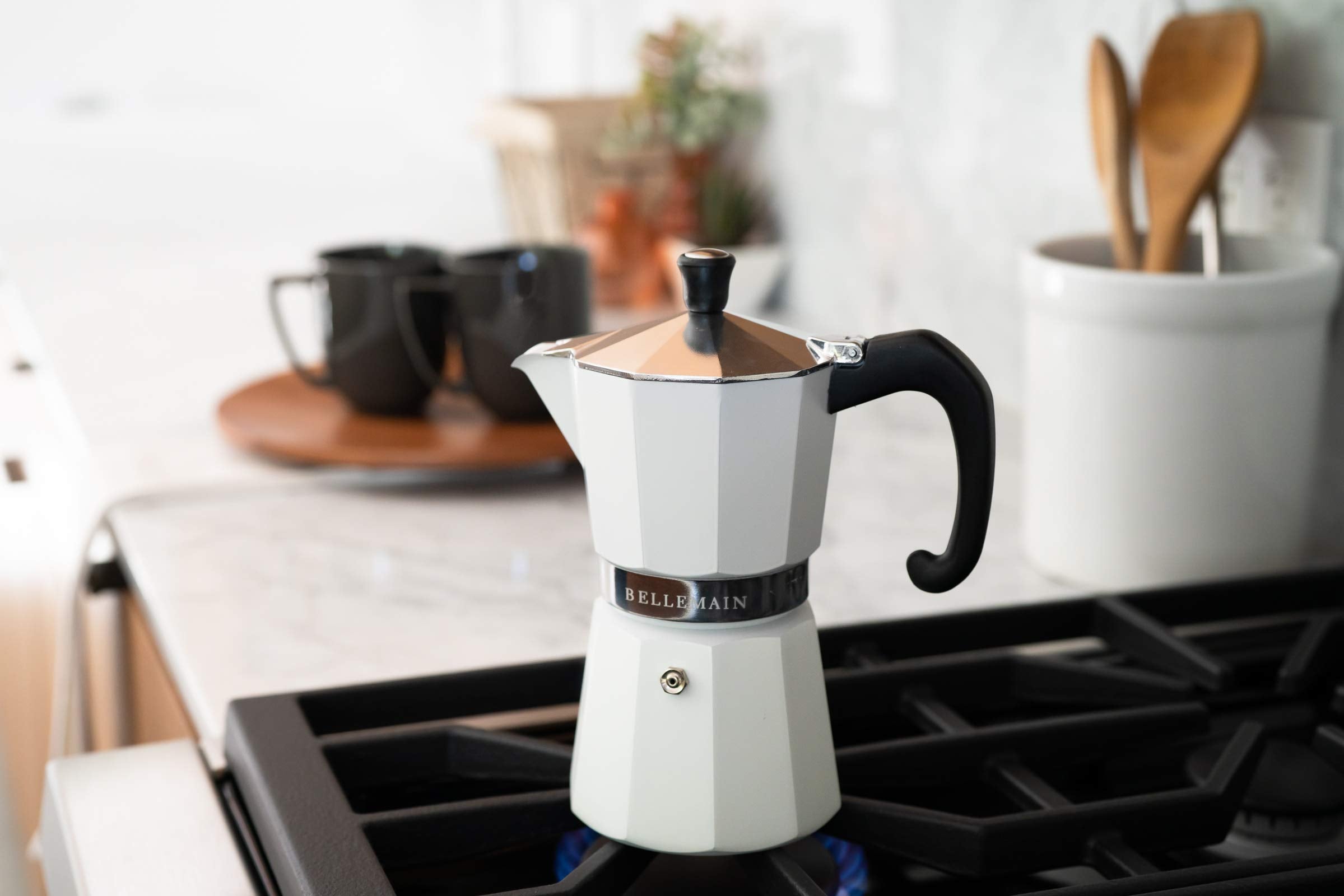 Bellemain Stovetop Espresso Maker Moka Pot, 3 Cup, Aluminum, White, Model 810046310212