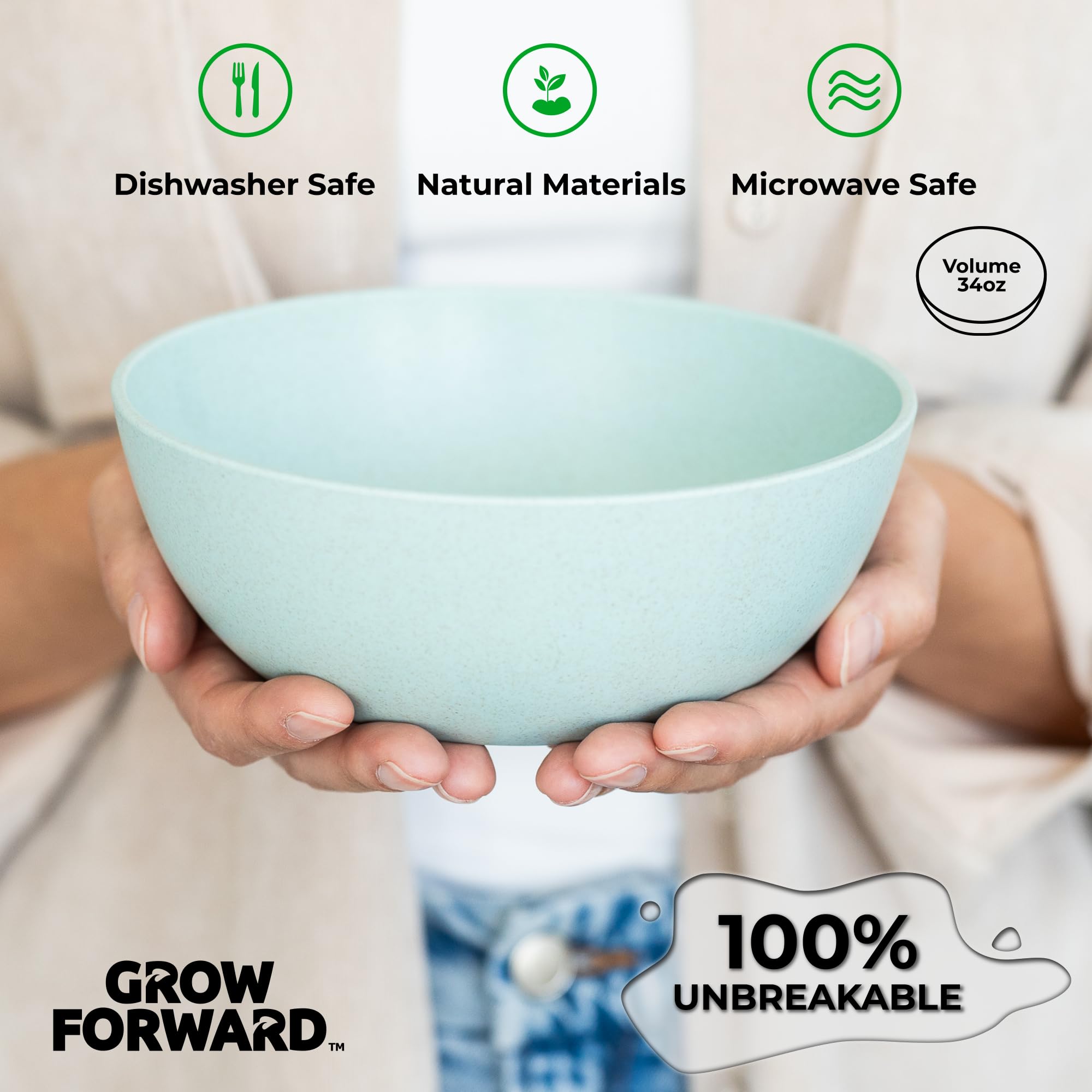 Grow Forward Premium Wheat Straw Bowls Set Of 8 - Reusable 34Oz Hard Plastic Cereal Bowls - Unbreakable Microwave Safe Bowls For