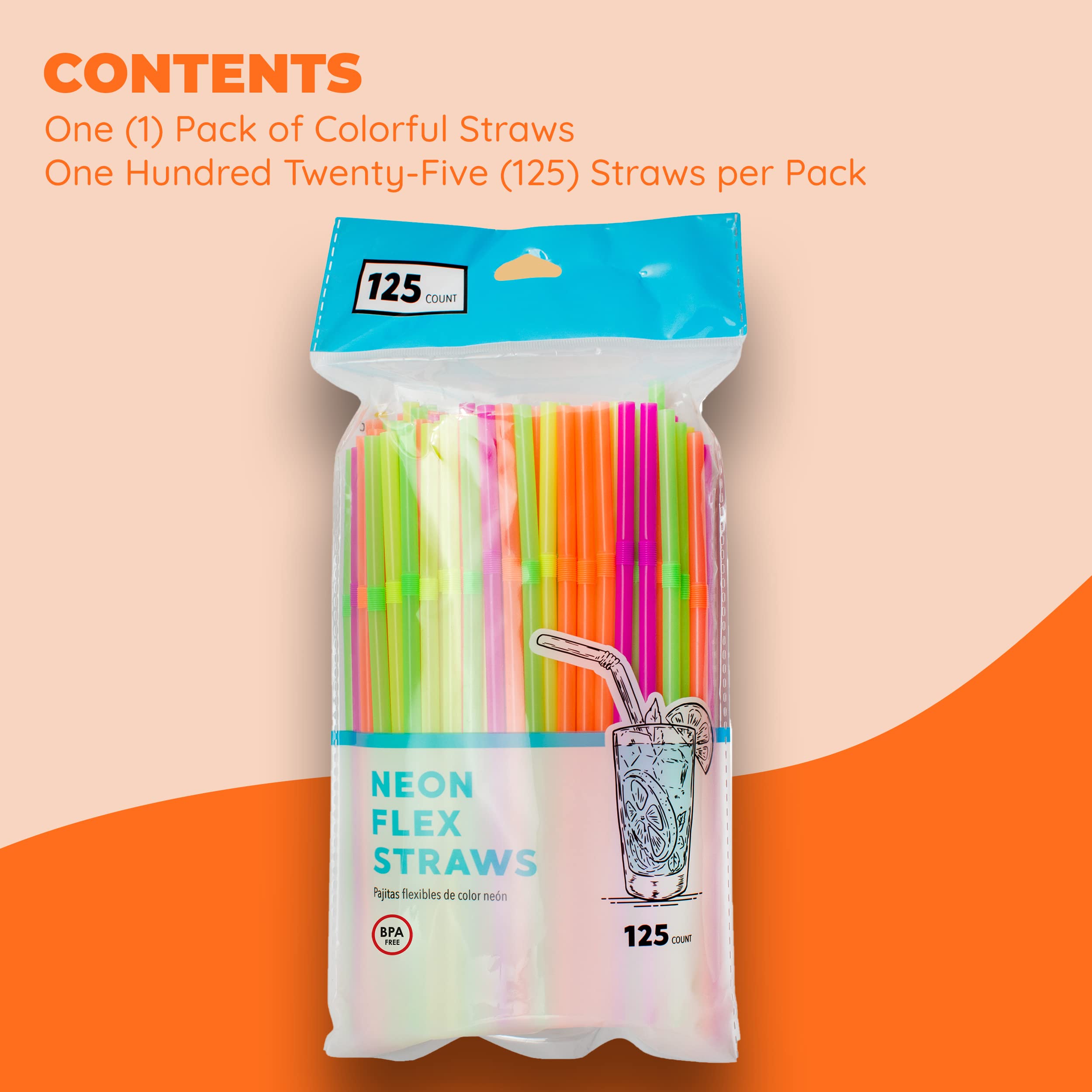 Jacent Flexible Disposable Drinking Straws, Bendable Plastic Neon Straws: 125 Count Per Pack, Fun Bendy Kids Straws, Great For S