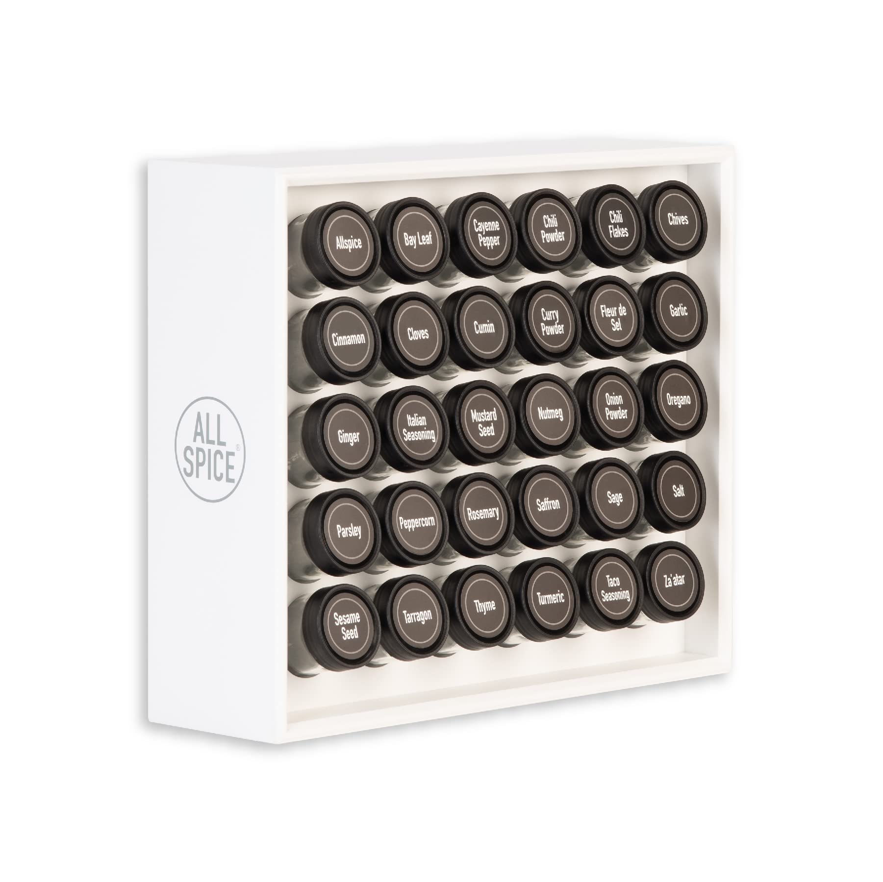 AllSpice Wood Spice Rack, Countertop or Wall Mount, Includes 30 4oz Jars- Matte White