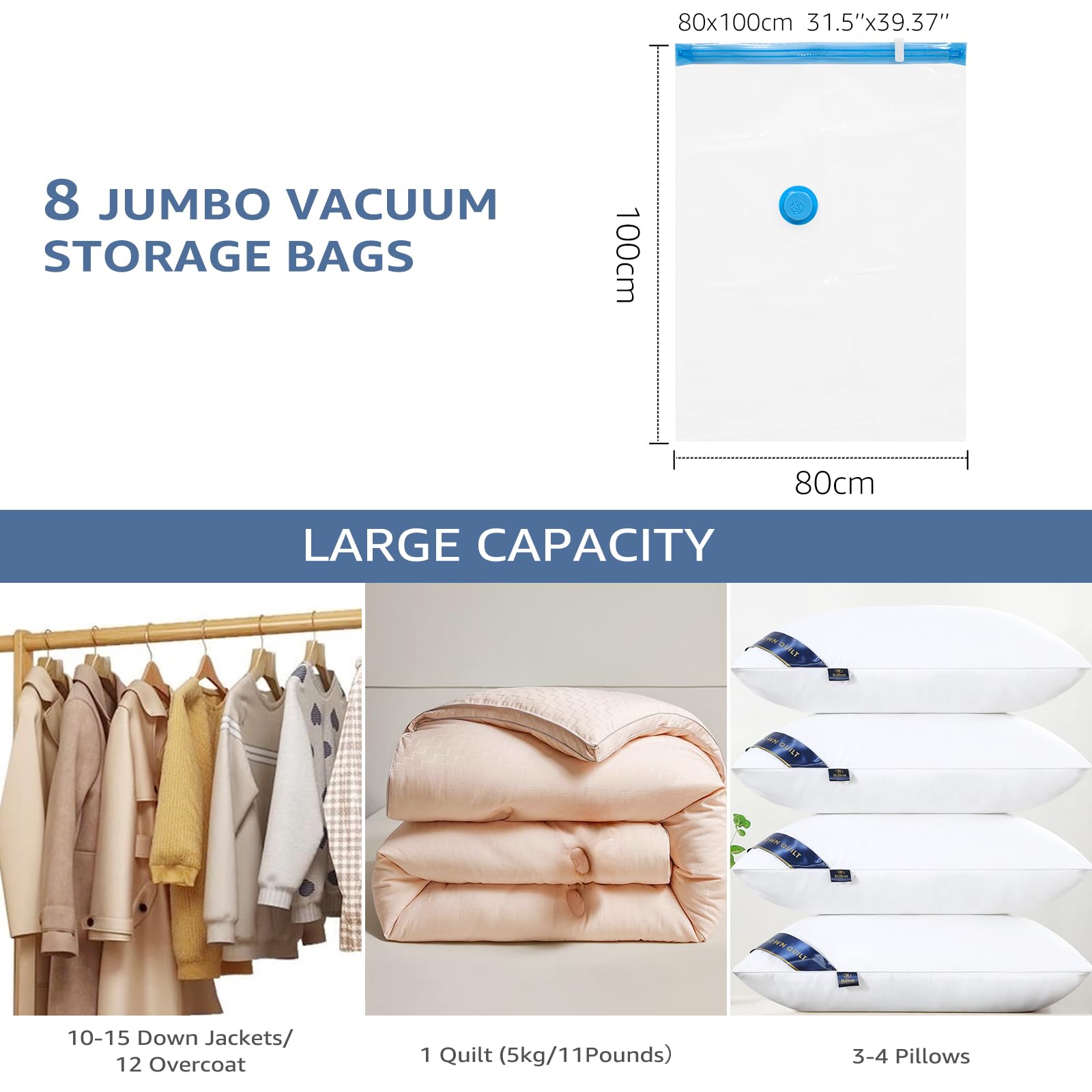 BoxLegend Vacuum Storage Bags with Large Size Hand Pump 8 Jumbo 31.5x39.37 Thickened Vacuum Seal Bags for Clothing Space Saving