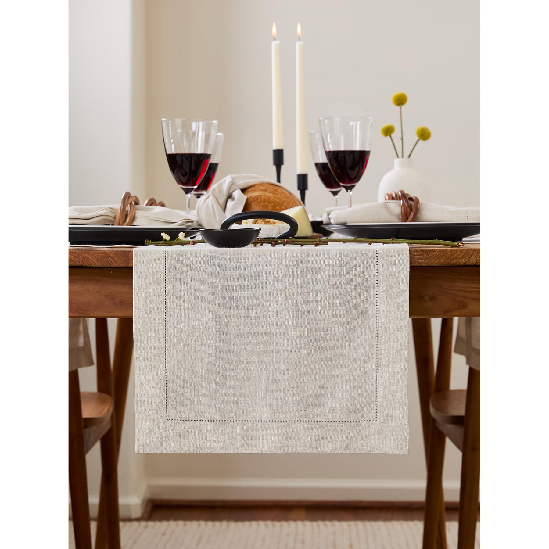 Solino Home Light Natural Linen Table Runner 36 Inch - 100% Pure Linen Classic Hemstitch Table Runner 14 X 36 Inch - Machine Was