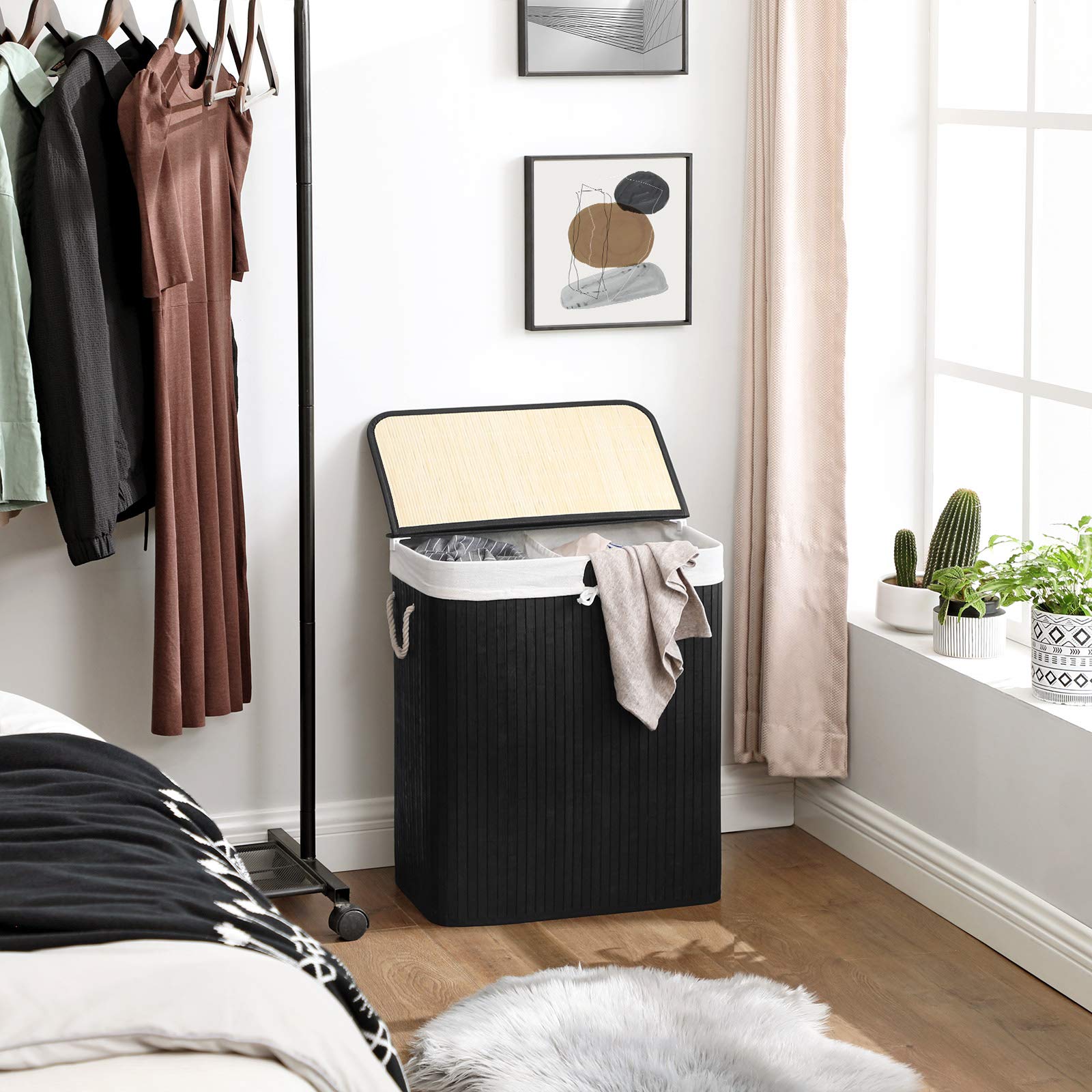 Songmics Laundry Hamper, 21.99 Gallons (100L), 2-Section Laundry Basket, Laundry Hamper With Lid, Bamboo, Foldable, Removable An