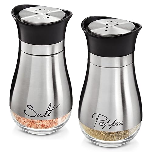 Stainless Steel Salt and Pepper Shaker Set with Transparent Glass Bottoms  Screw-Off Caps  and Perforated ''S'' and ''P'' Designs for Modern Kitchen Accessories (4oz)