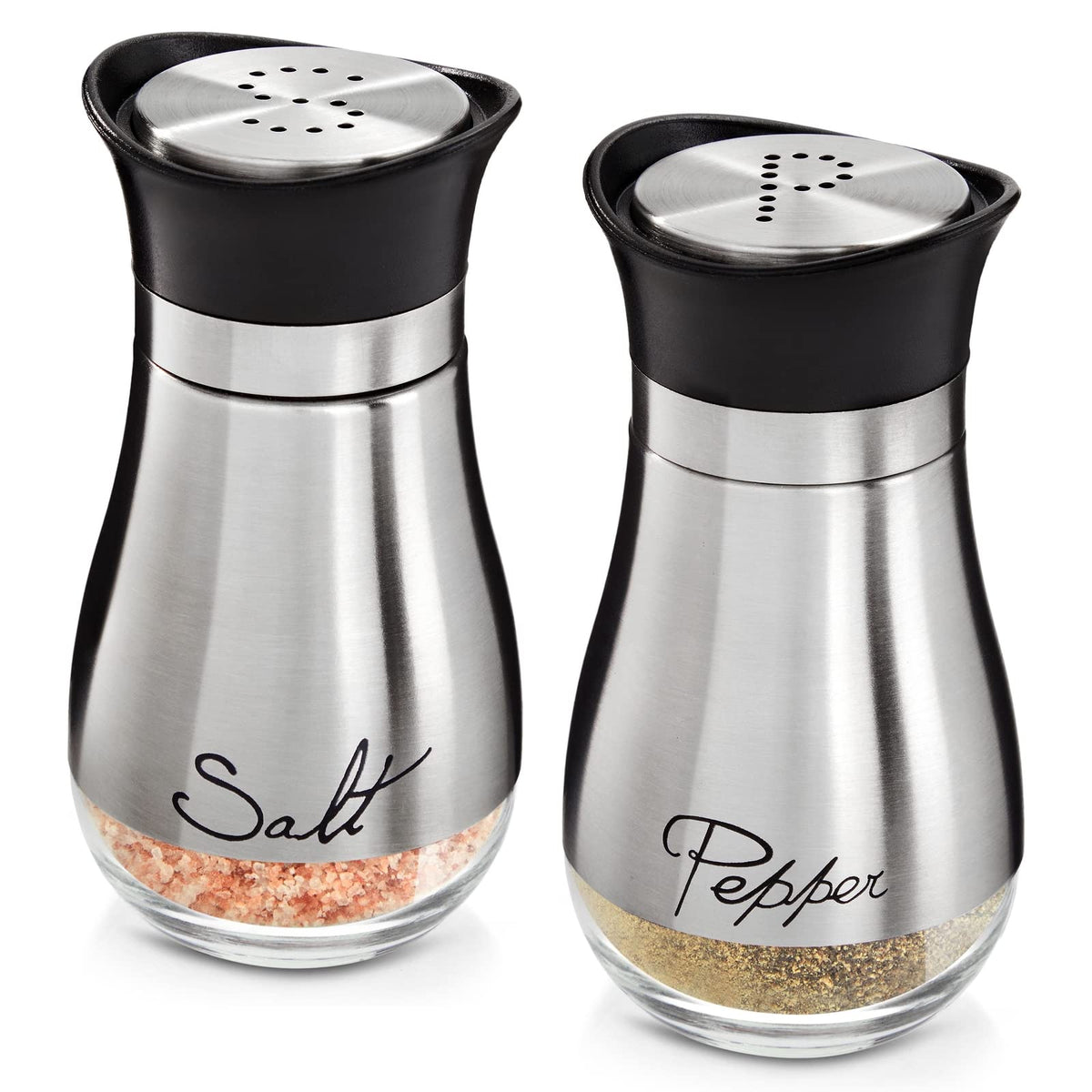 Stainless Steel Salt And Pepper Shaker Set With Transparent Glass Bottoms, Screw-Off Caps, And Perforated ''S'' And ''P'' Design