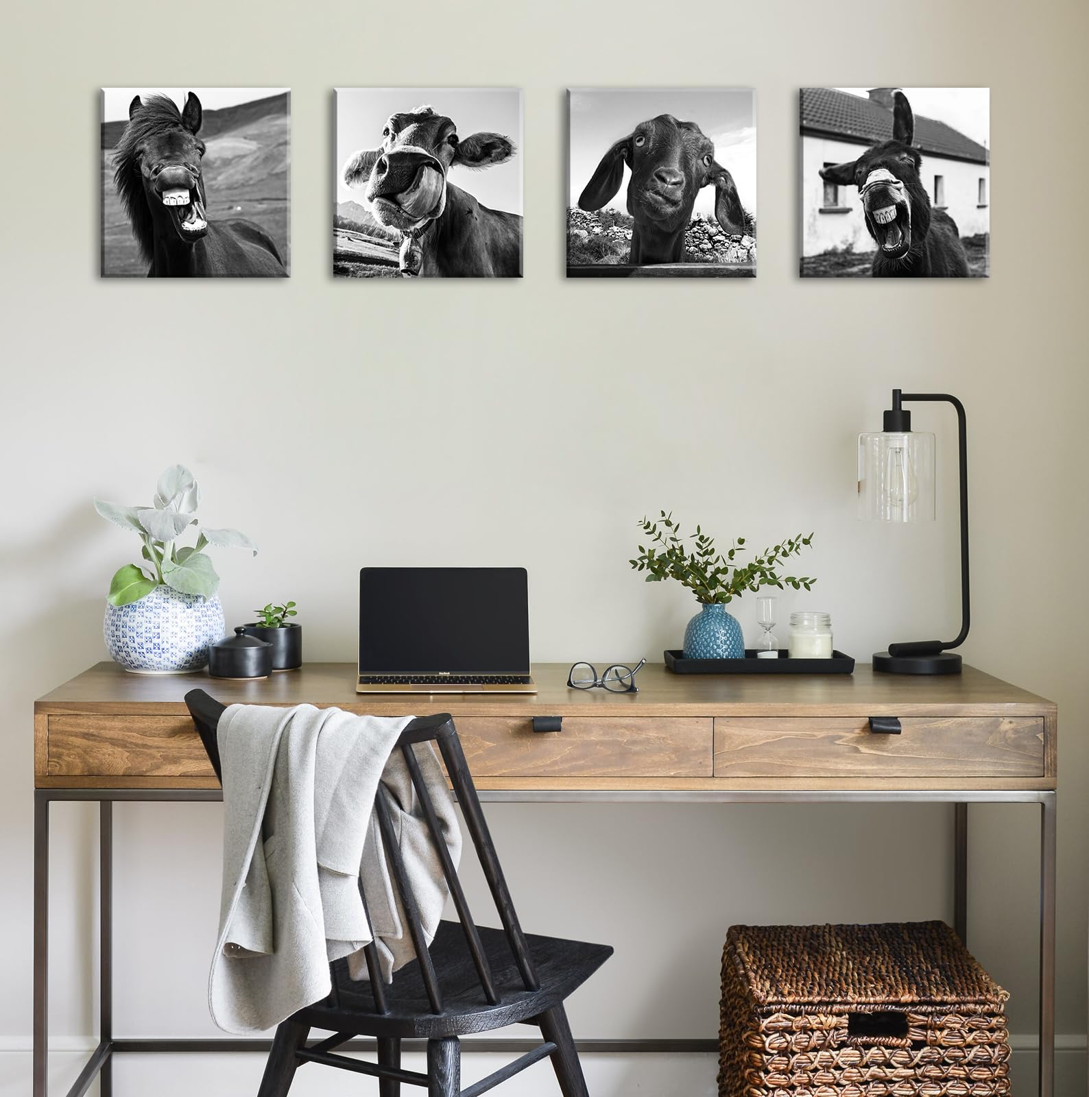 Black And White Wall Art Animal Wall Decor Horse Donkey Sheep Cow Canvas Pictures Prints Funny Decor Posters For Mens Bedroom Of