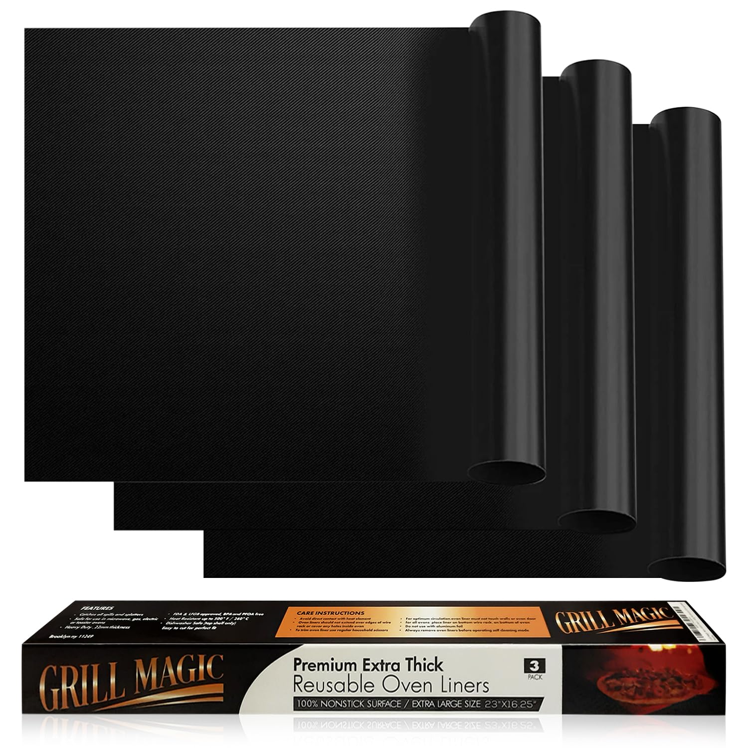 3 Pack Non-Stick Heavy Duty Oven Liners Set for Bottom of Electric Oven by Grill Magic - Thick, Heat Resistant Fiberglass Mat - 