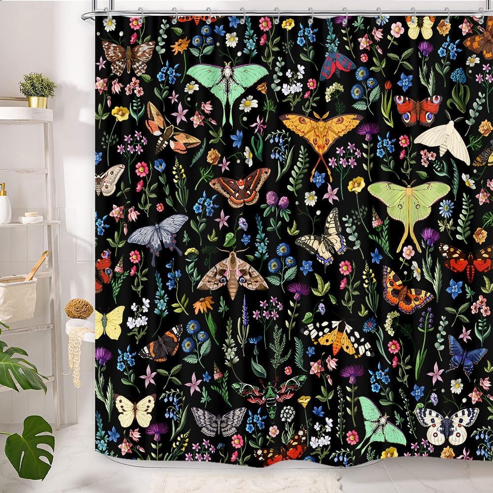 Boho Butterfly Floral Shower Curtain, Bright Abstract Bohemian Plant Flower Botanical Moth Shower Curtain, Black Modern Aestheti
