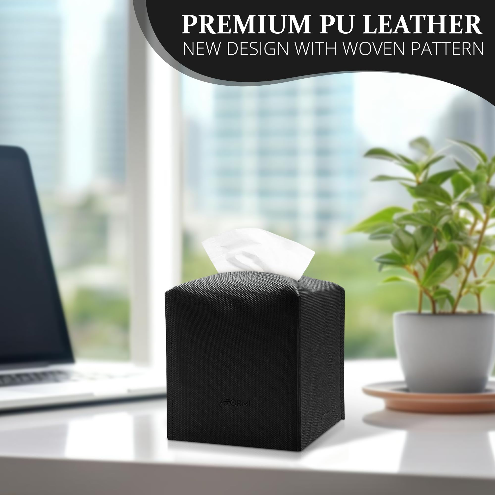 Tissue Box Cover, Pu Leather Tissue Box Holder With Bottom Belt, Modern Square Tissue Box Covers With Wide Opening (Black, Woven