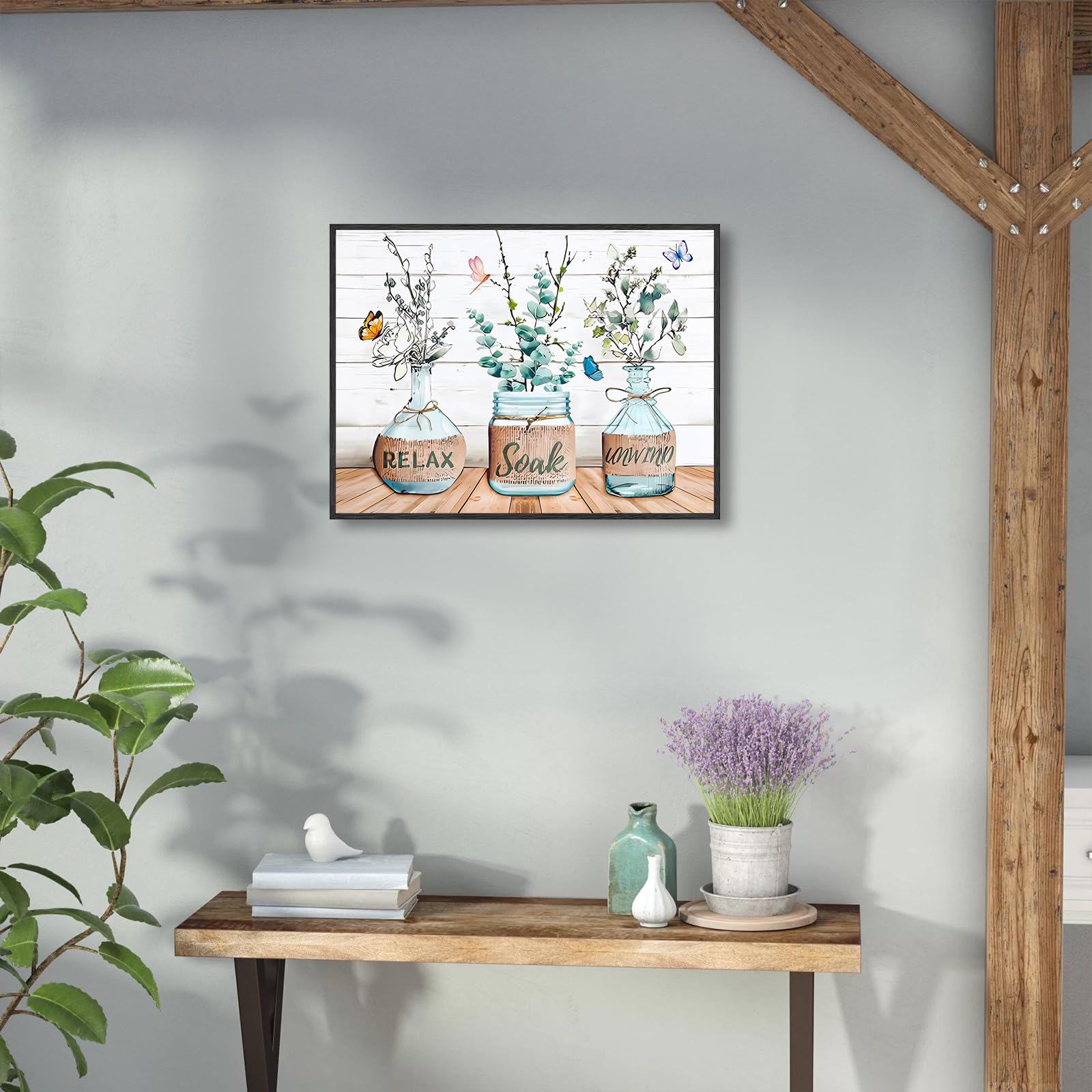 Dazzlewall Farmhouse Bathroom Wall Decor Poster Flower Green Leaf And Butterfly, Rustic Wall Poster For Bathroom Living Room Dec