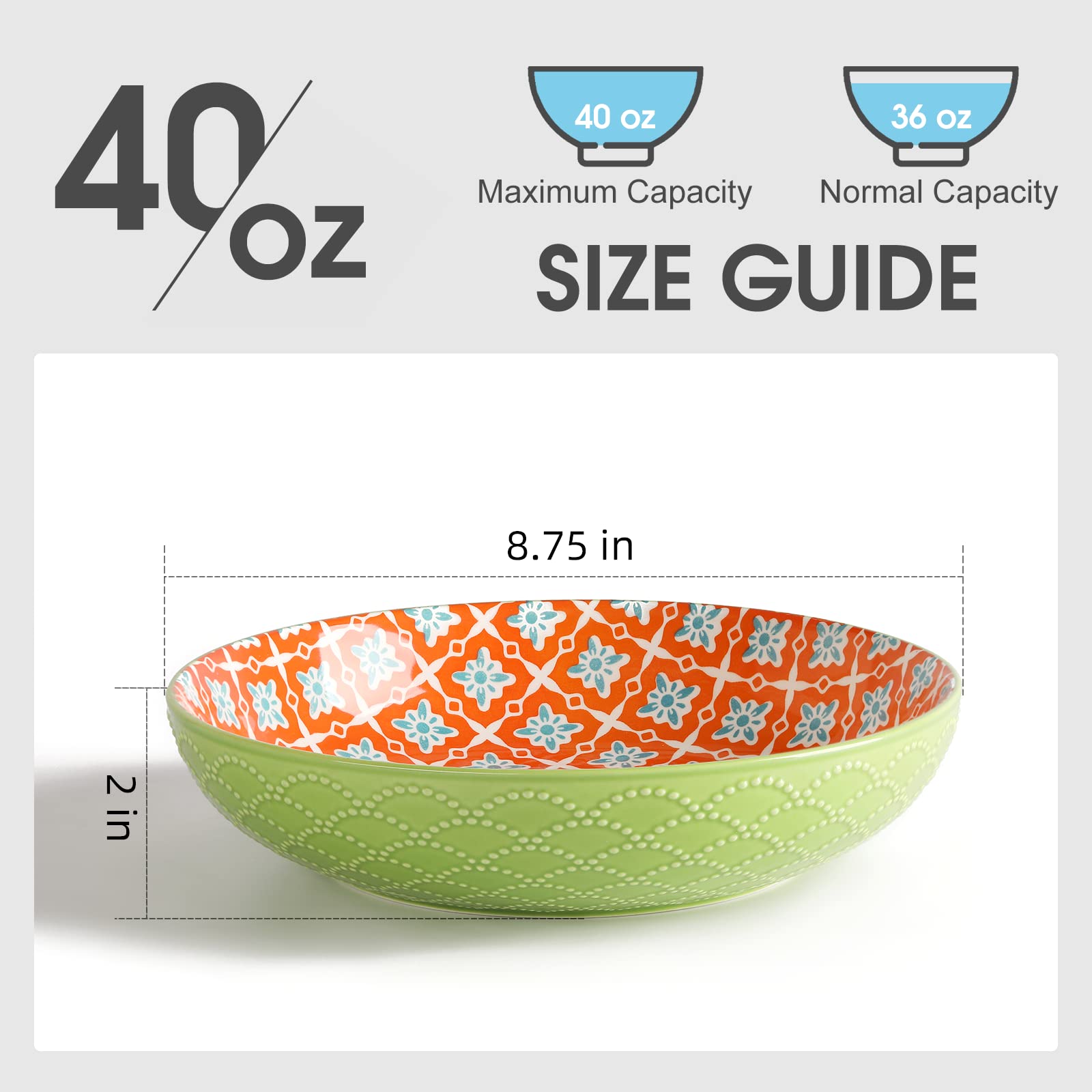 Metahom Ceramic Pasta Bowls, 40 Oz Large Salad Bowls, 8.75'' Wide And Shallow Bowls For Kitchen, Serving Bowls And Plates Set, D