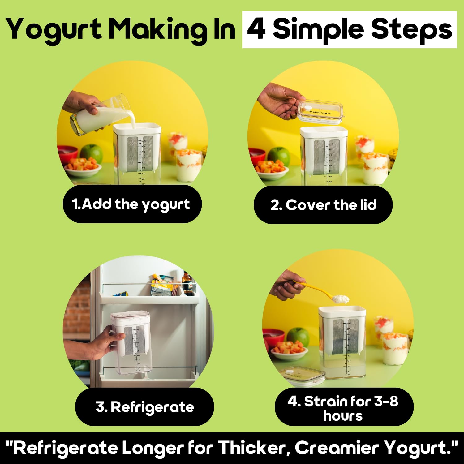 Instacuppa Greek Yogurt Strainer, 1100Ml Multi Yoghurt Maker Strainer With Fine Mesh Bag & Lid For Thick Greek Yogurt, Soybean M