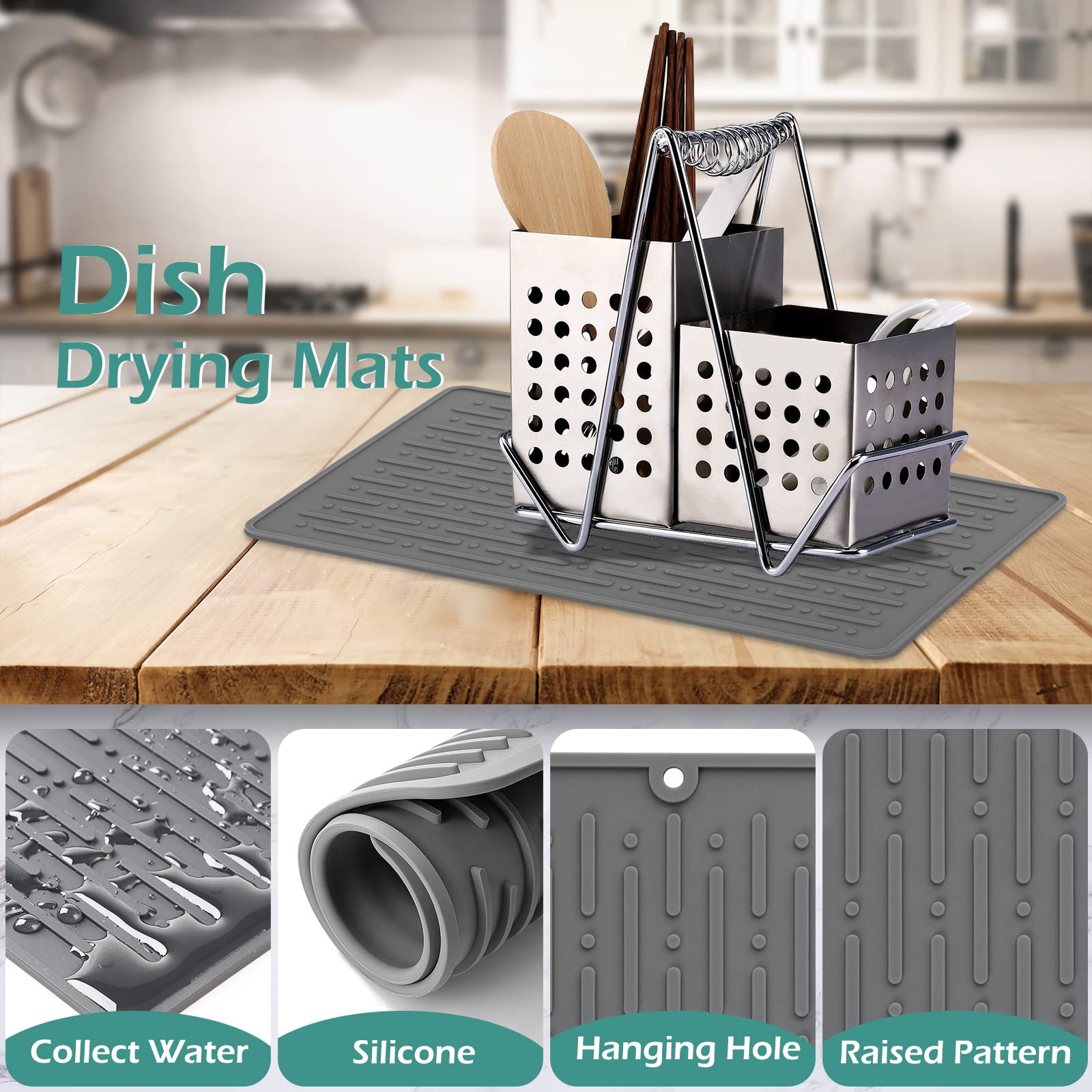 Geeric Dish Drying Mats, Heat-Resistant Silicone Mat For Kitchen Counter, Non-Slip Dish Dry Mat Dishwasher Safe Medium, Gray