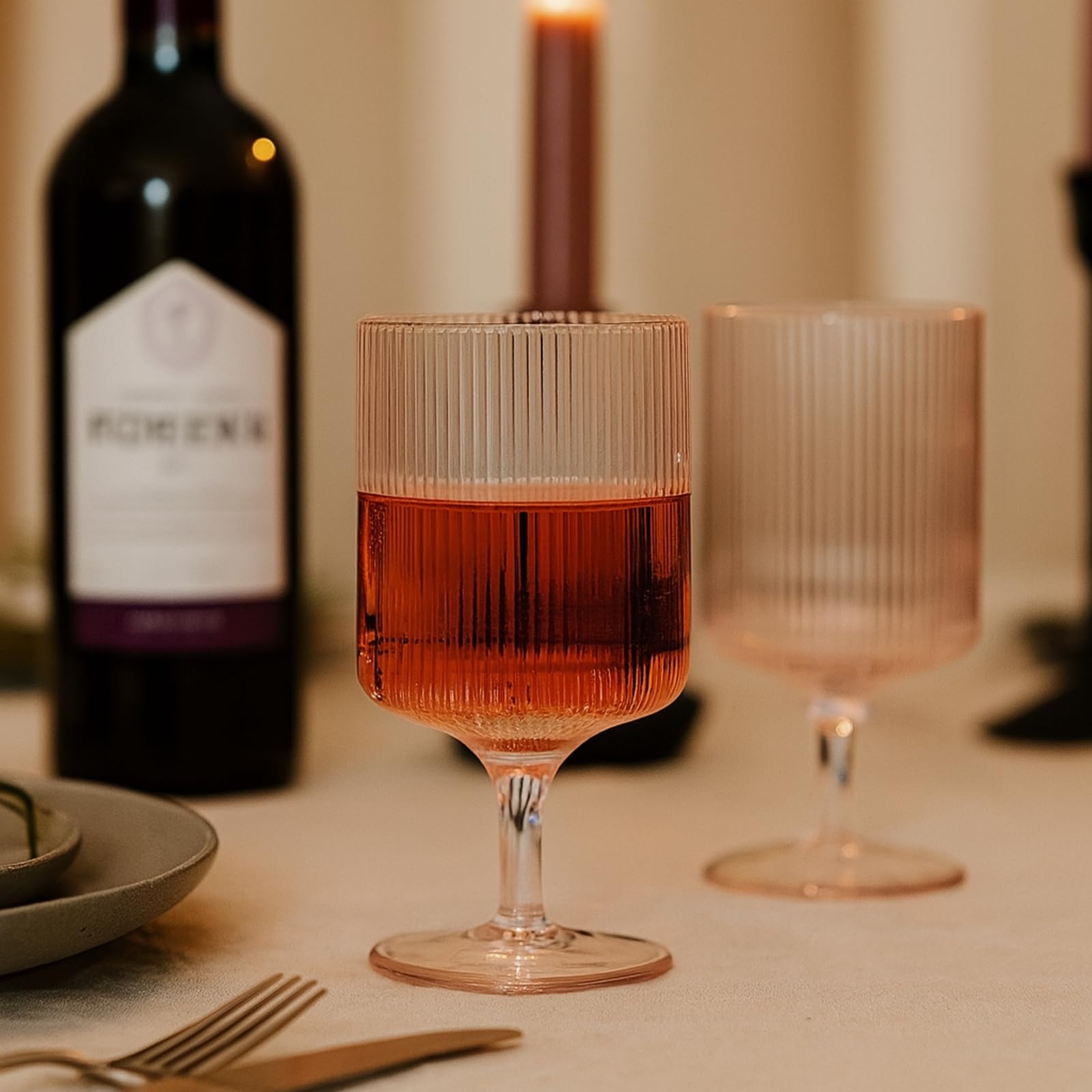 Khen Ripple Textured Blush Pink Stemmed Glass Wine Goblets | Set of 2