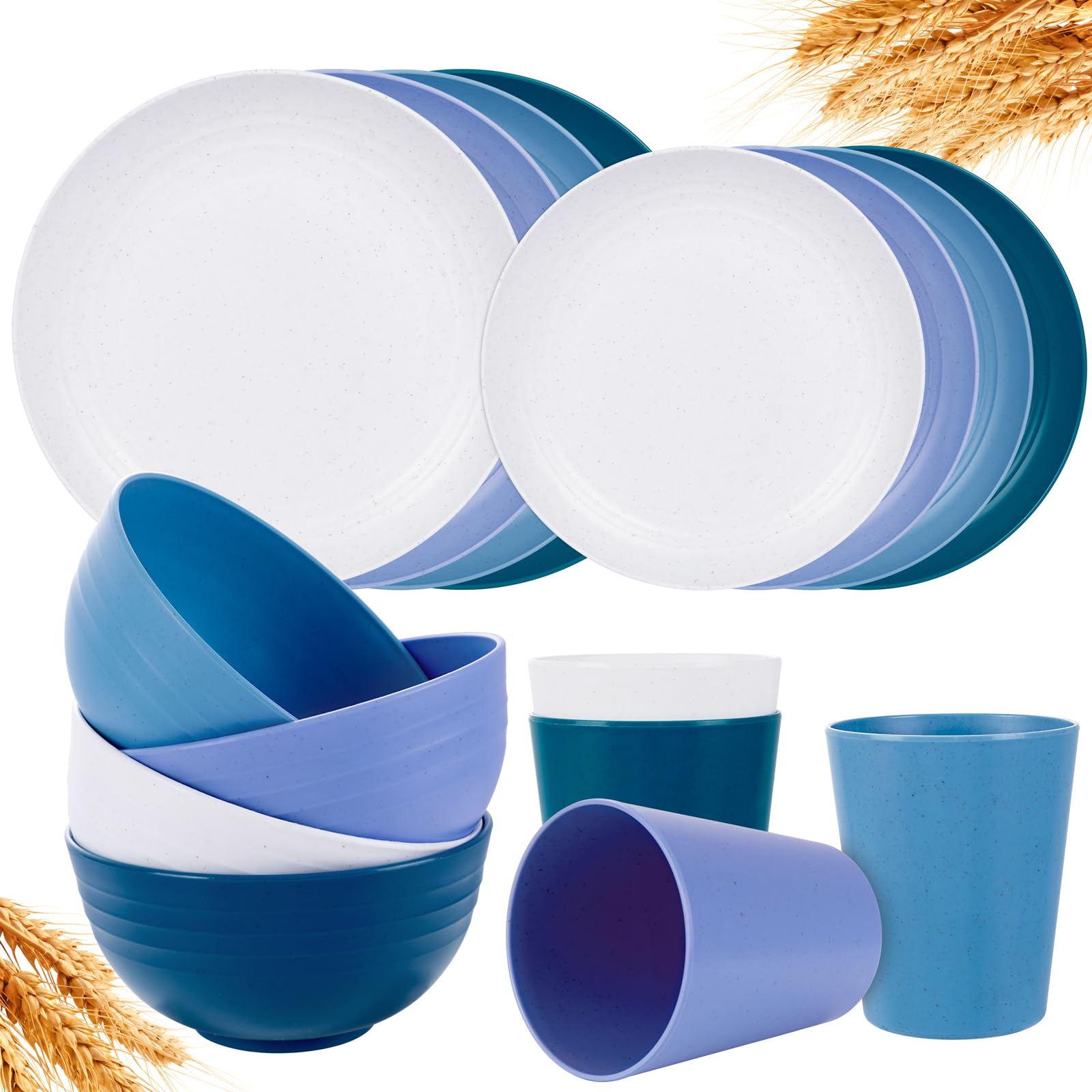 Rubtlamp 16pcs Wheat Straw Dinnerware Set, Unbreakable Plates And Bowls Sets of 4, Plastic Plates Set Reusable (Cold Four Colors
