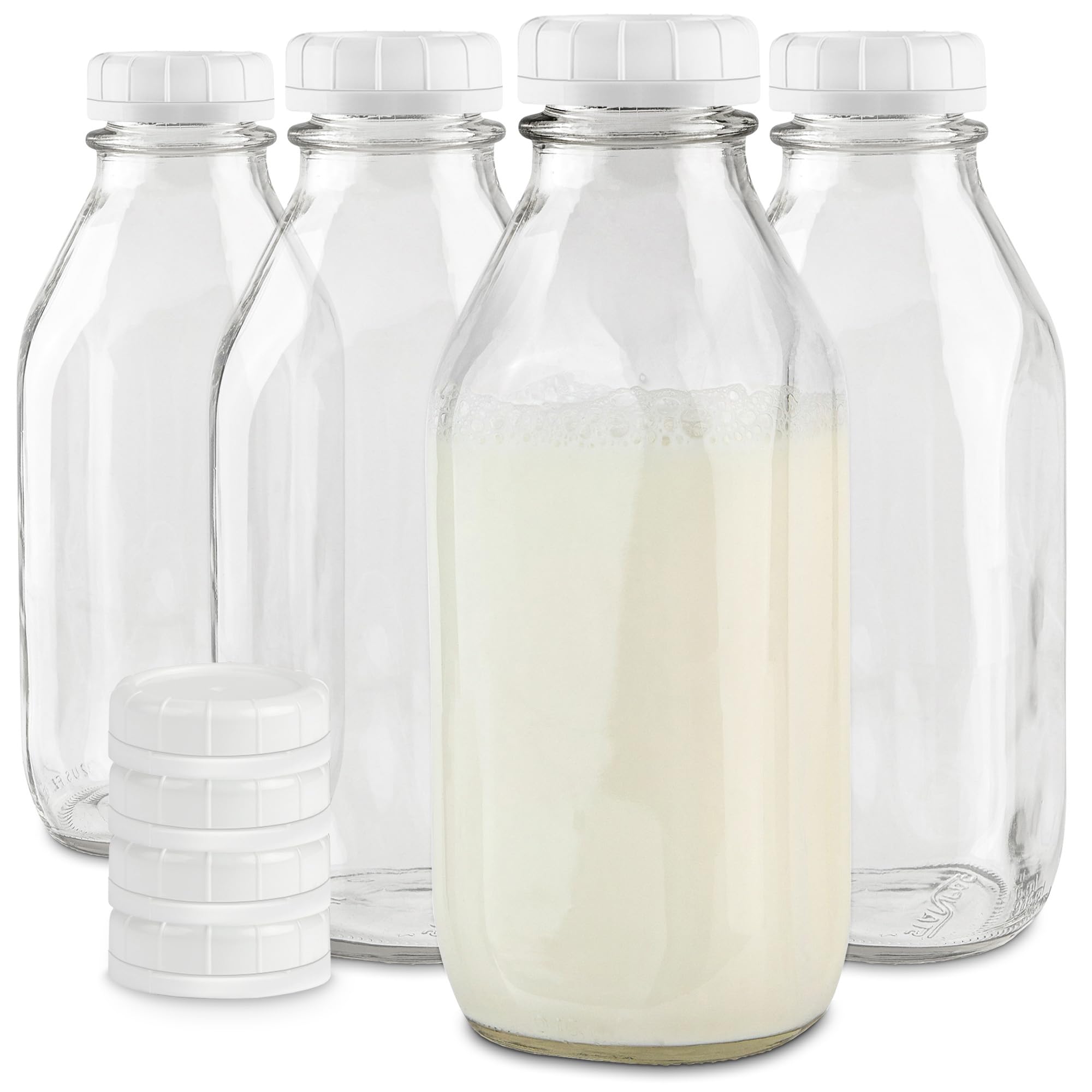 Stock Your Home Liter Glass Milk Bottle With Lid (4 Pack) 32 Oz Jugs And 8 White Caps, Reusable Food Grade Container For Refrige