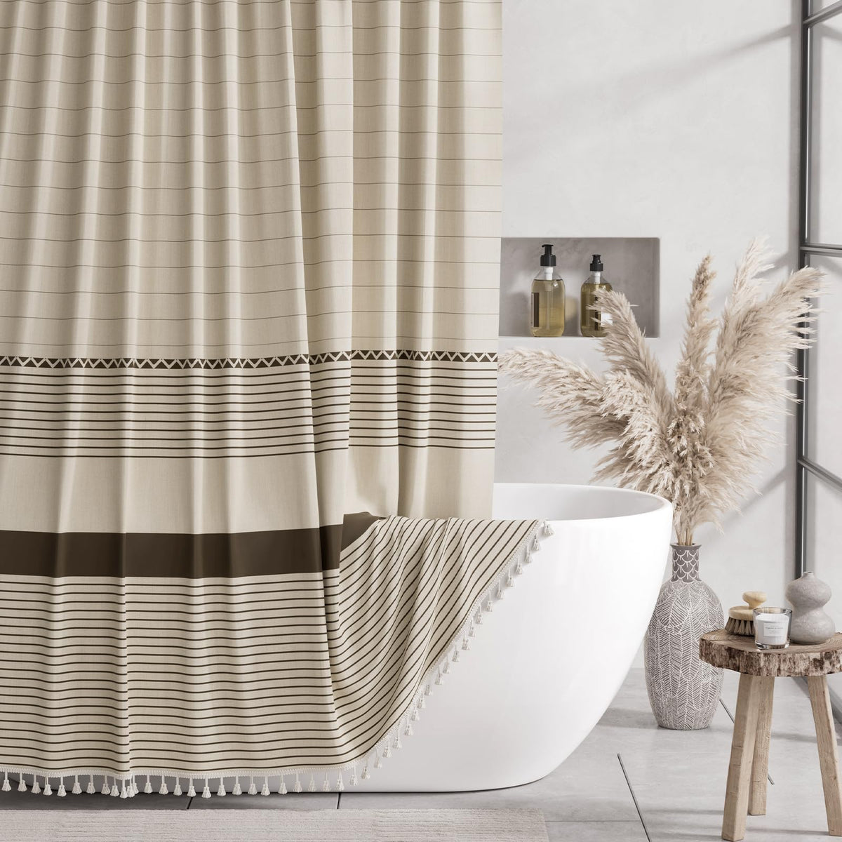 Amazerbath Farmhouse Shower Curtain, Striped Shower Curtain Linen Shower Curtain Boho Shower Curtain Rustic Tassel Shower Curtai