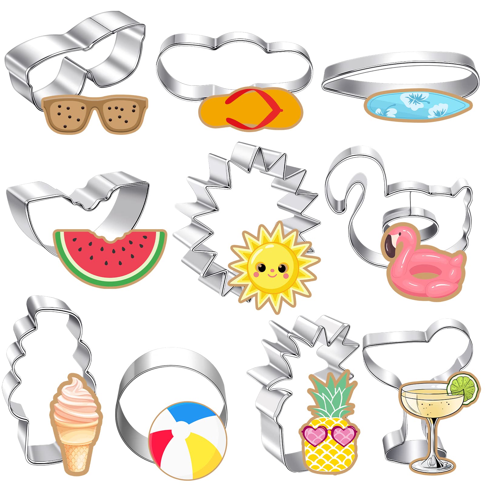 Didaey 10 Pieces Summer Pool Cookie Cutters Pineapple, Ice Cream, Flamingo, Flip Flop Sunglasses, Watermelon Cookie Cutters Mold