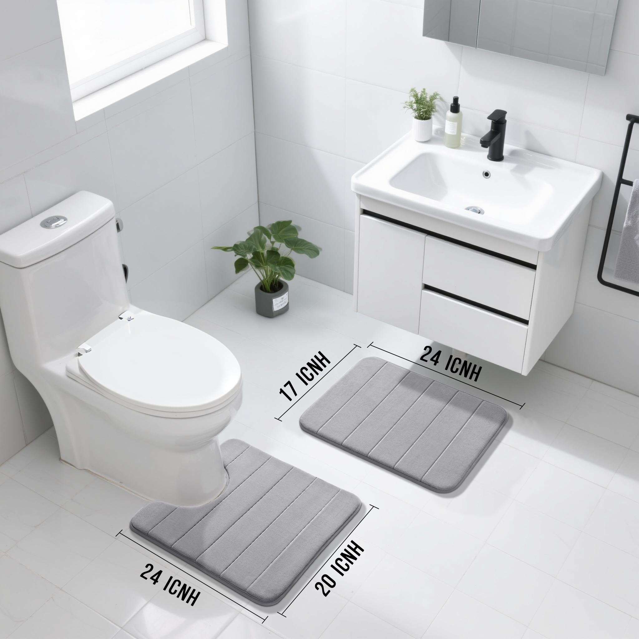 Yimobra Memory Foam Bath Mat Set  2 Piece Soft Rugs 17x24 and 24x20.4 U-Shaped  Toilet rug  Water Absorption  Non Slip  Thick  Dry Fast for Bathroom Floor Mat  Grey