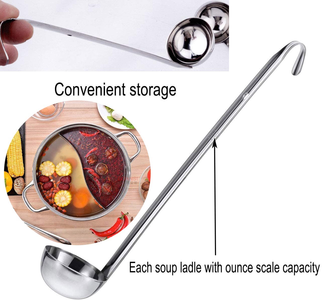 Markeny Stainless Steel Soup Ladle Set - 4 Sizes (1oz/2oz/3oz/4oz) with Metal Handle and Pouring Rim, Silver