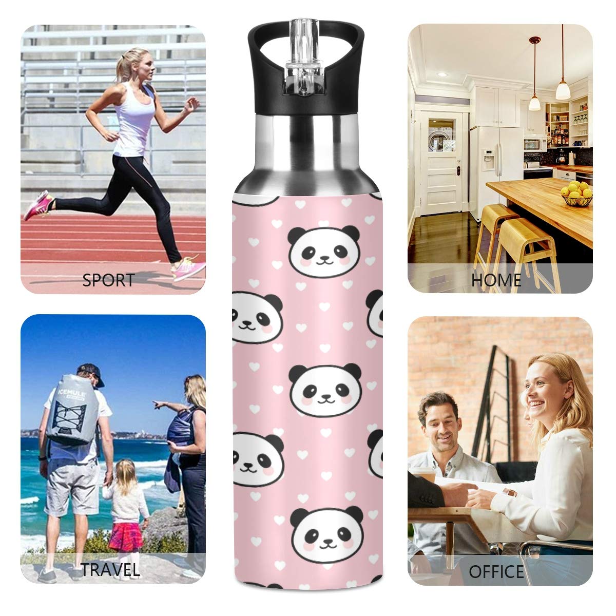 Panda Face Water Bottle Kids Stainless Steel Vacuum Insulated Water Flask Thermo Standard Mouth Bottle With Wide Handle