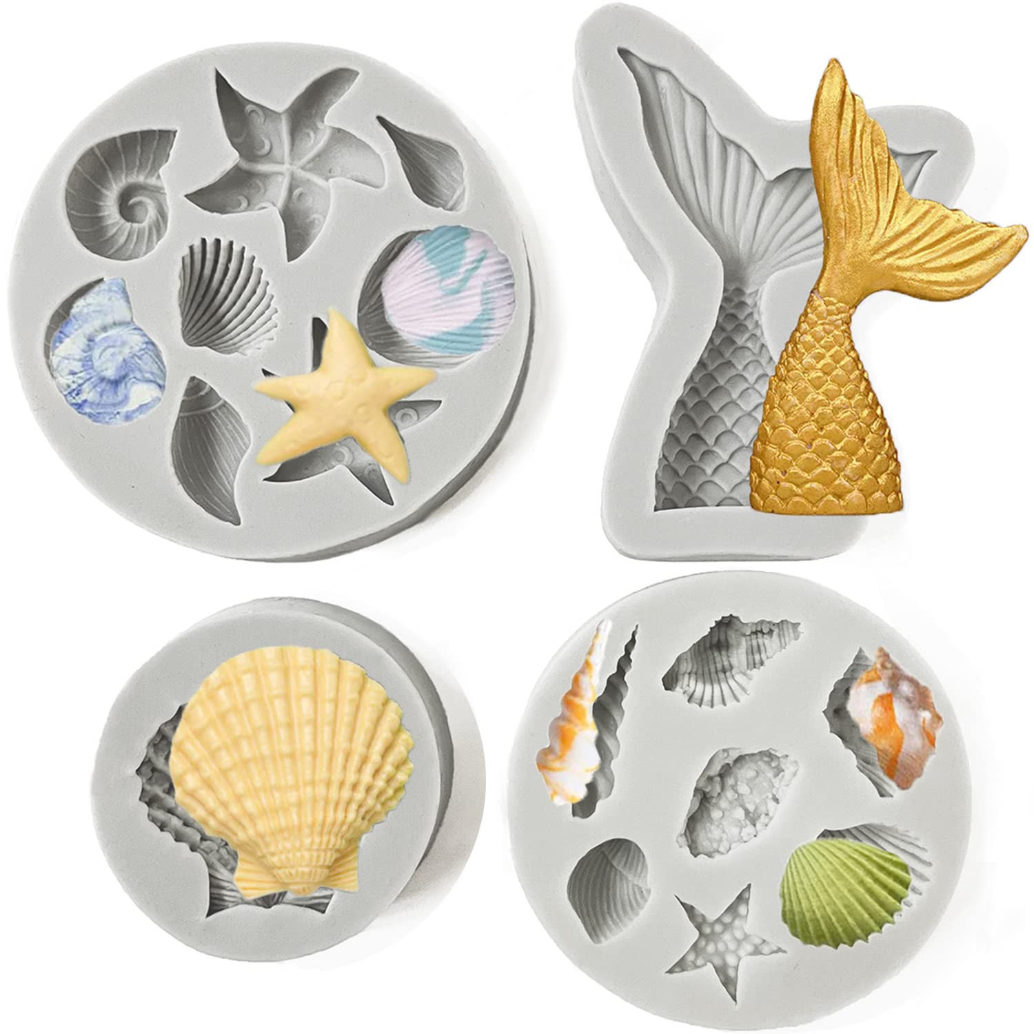 Fantasybear Mermaid Silicone Mold,Mermaid Tail,Seashell,Conch,Starfish Silicone Mold For Cupcake Toppers,Candy,Chocolate,Fondant