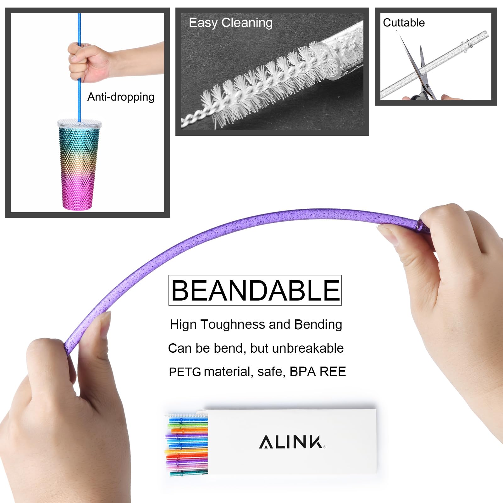 ALINK 12-Pack Reusable Clear Plastic Glitter Straws  13 inch Extra Long Tumbler Straws for Stanley Cups  1 Gallon  64 oz 40 oz 32 oz Water Bottles  Plus Cleaning Brush