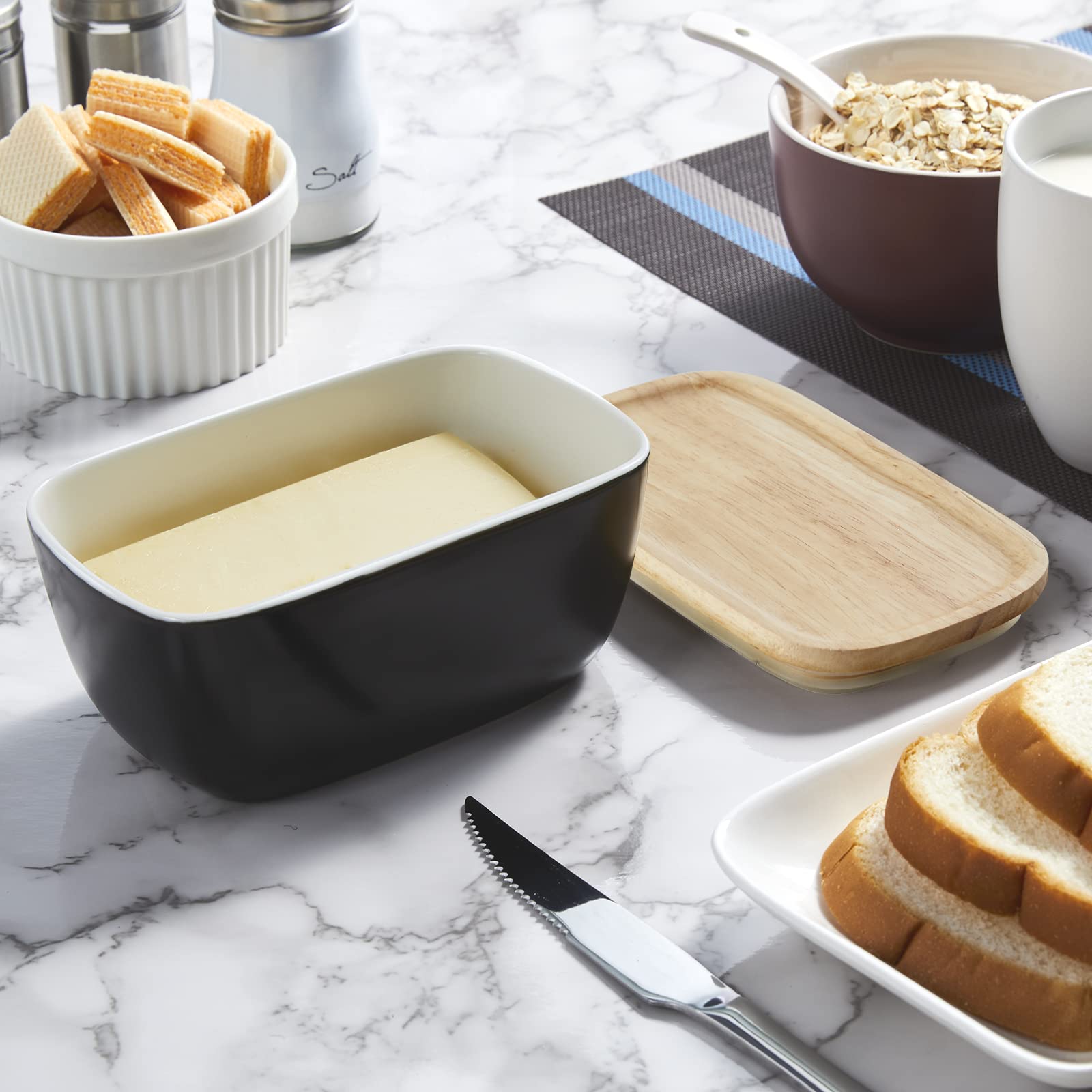 Butter Dish With Lid For Countertop - Alelion Ceramic Butter Container With Airtight Wooden Lid - Black Butter Keeper Crock For