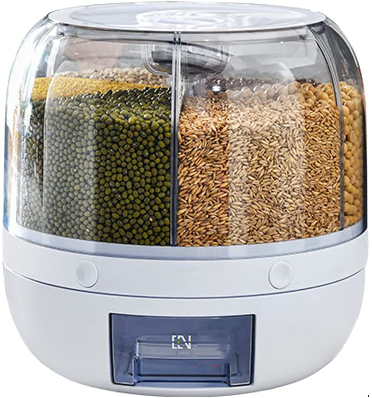 Tray Automatic Plastic 360 Degree Rotation Cereal Dry Food Rice Grain Storage Dispenser Box, With Measuring Cup, 10 Kg, White (S