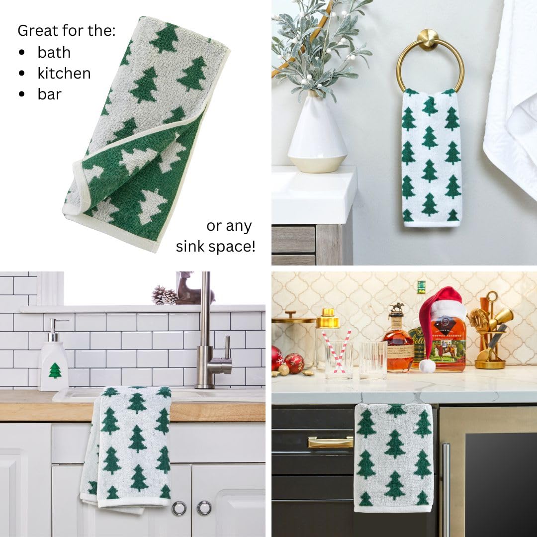 Skl Home Fall/Winter/Christmas Holiday Trees Hand Towel 2Pc Set For Bath/Kitchen/Bar & Gift, Green/White