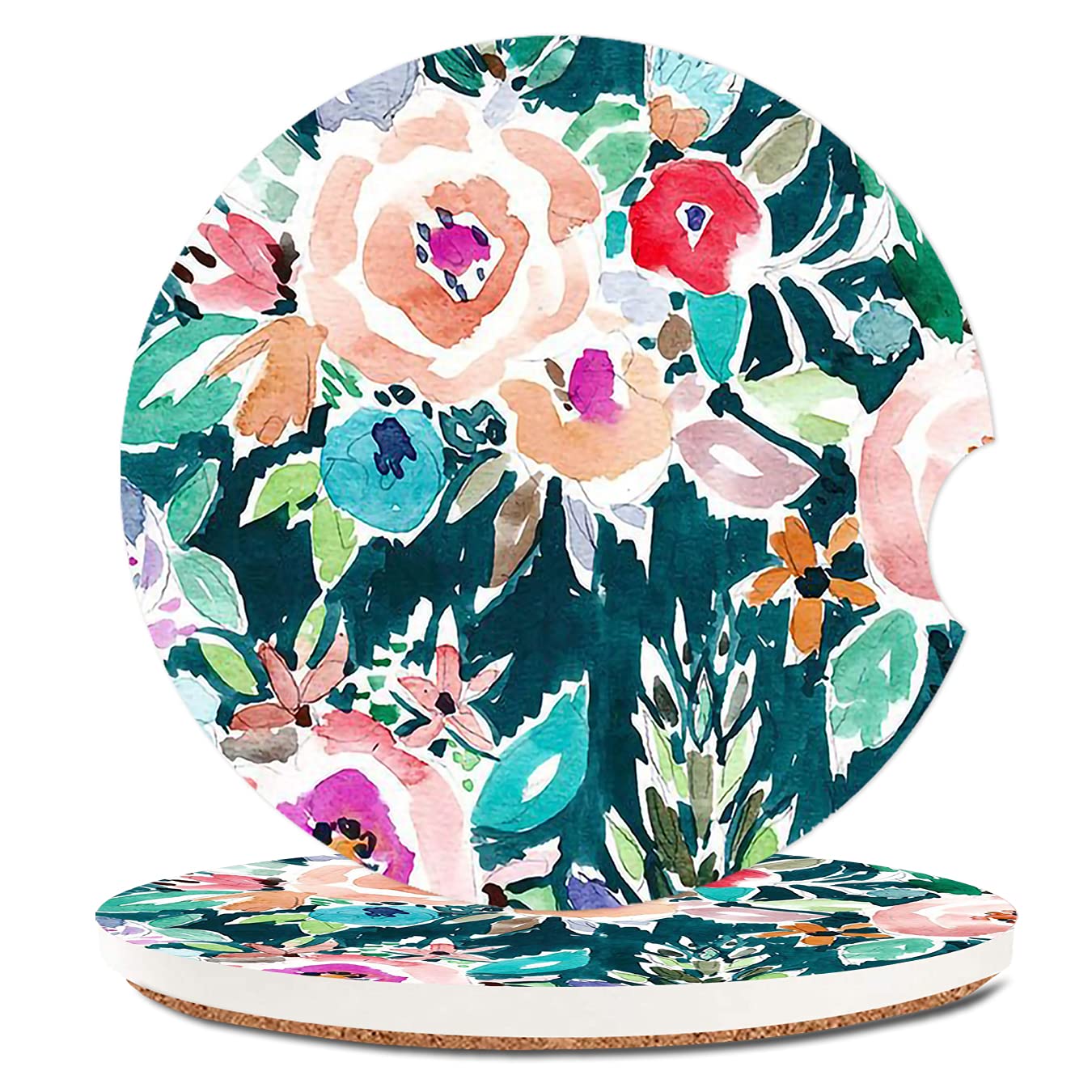 Water Color Floral Absorbent Cup Holders Car Coasters,Ceramic Stone Drinks Coaster Set For Women Man 2.56''(2 Pack)
