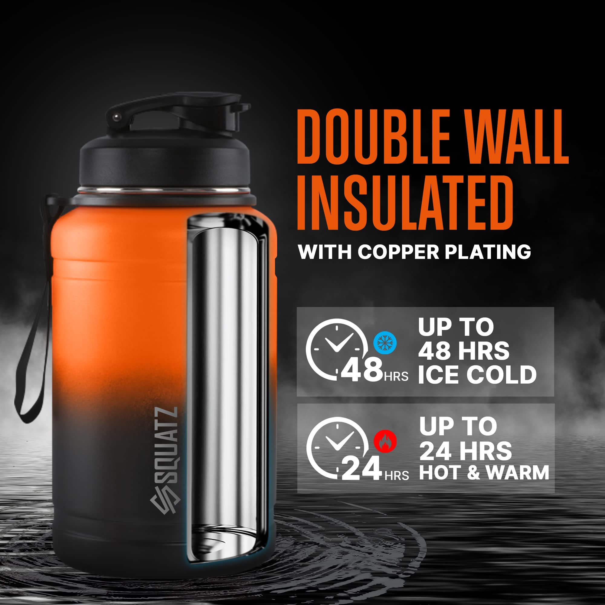 Squatz 74 Oz Neptune Series Steel Water Bottle, Stainless Double Wall Vacuum Insulated Jug With Handle Strap, Large Capacity Lea