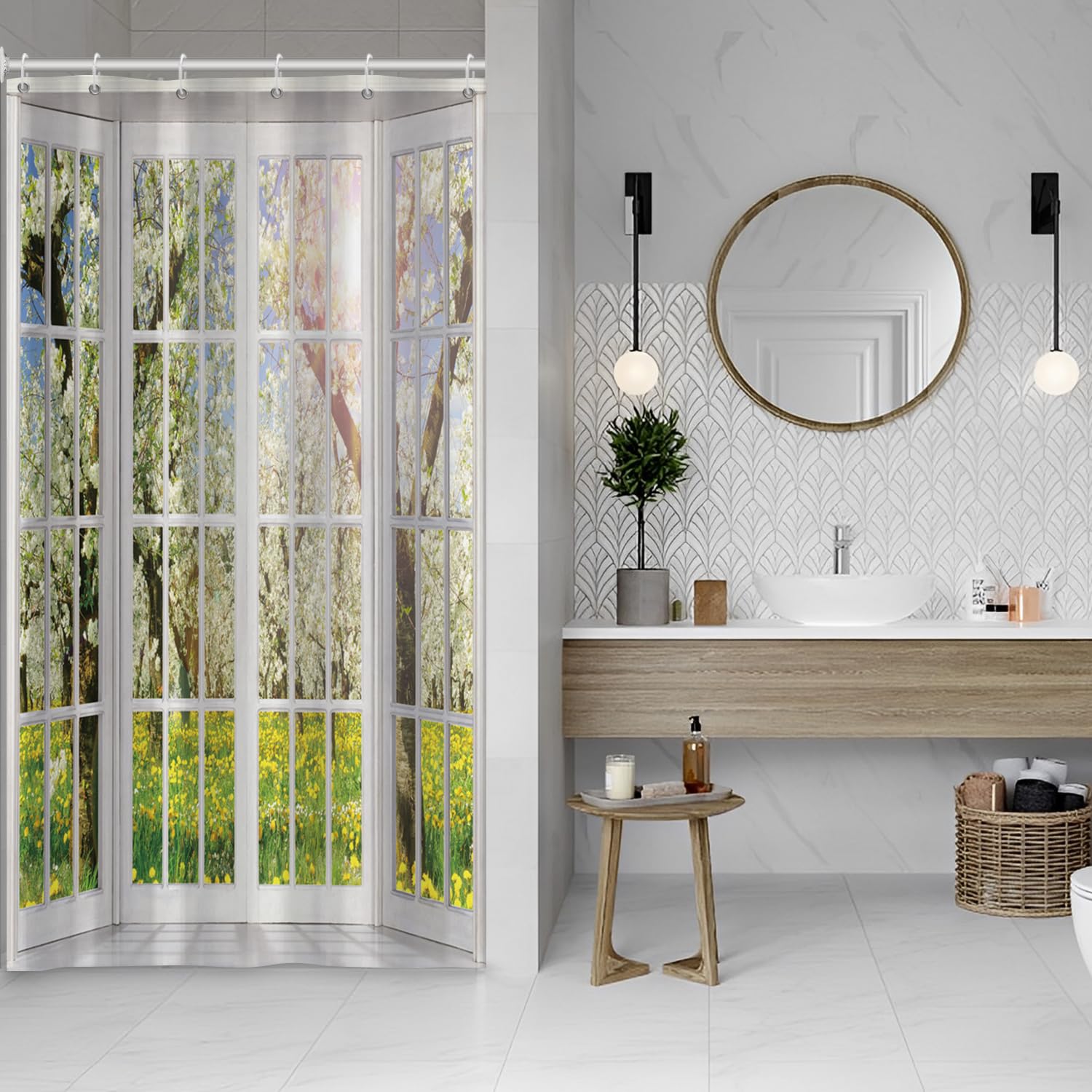 Ruelvth Floral Shower Curtain, Window View Of Spring Flower Shower Curtain Set For Bathroom Waterproof Natural Scenery Green And